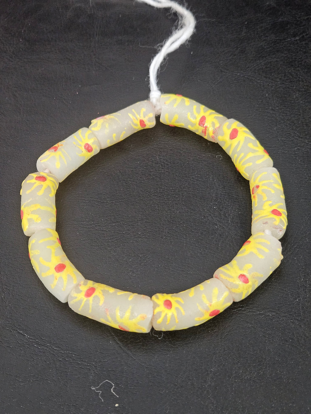 Painted Krobo Glass Tube Beads | Soft Ivory Recycled Glass Tube Beads | Handmade in Ghana | 13–14×26–30mm