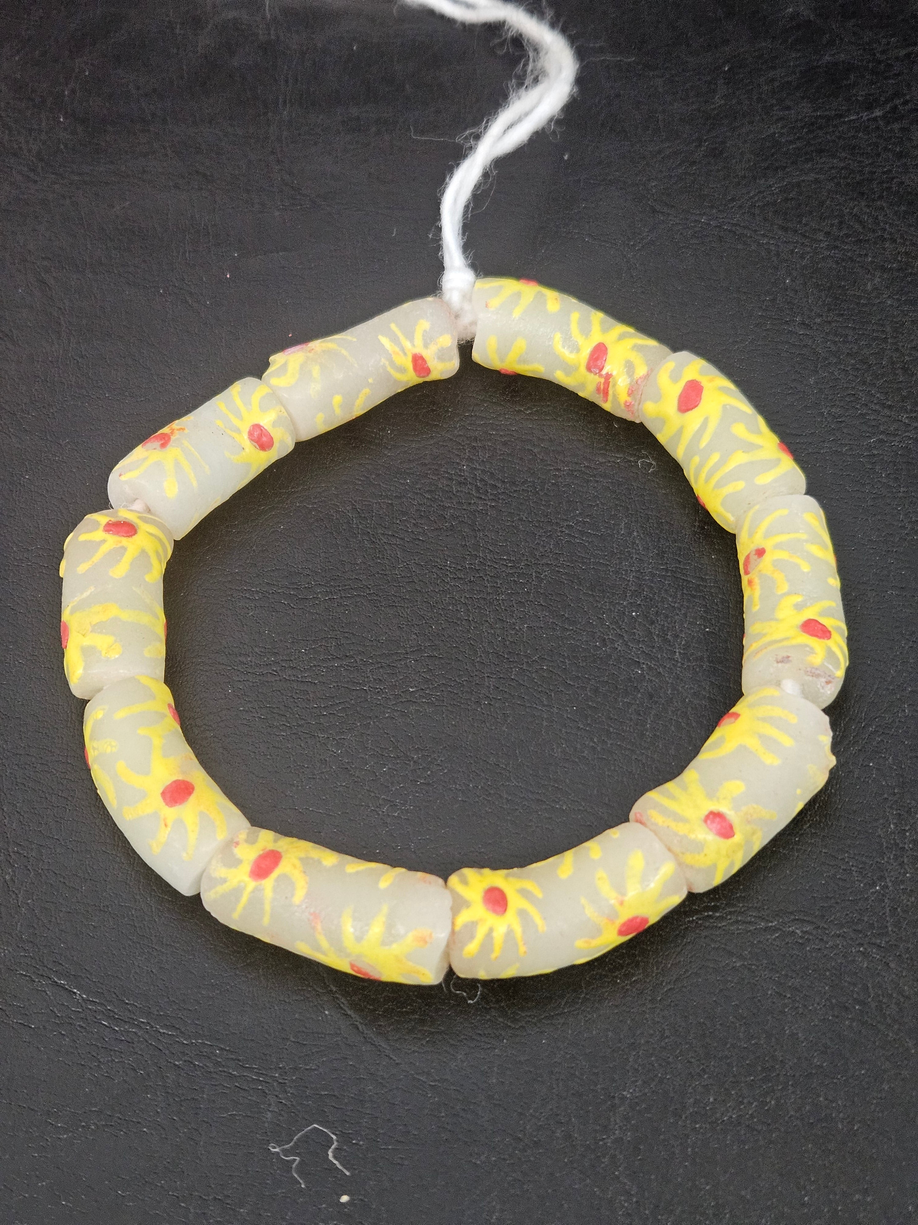 Painted Krobo Glass Tube Beads | Soft Ivory Recycled Glass Tube Beads | Handmade in Ghana | 13–14×26–30mm