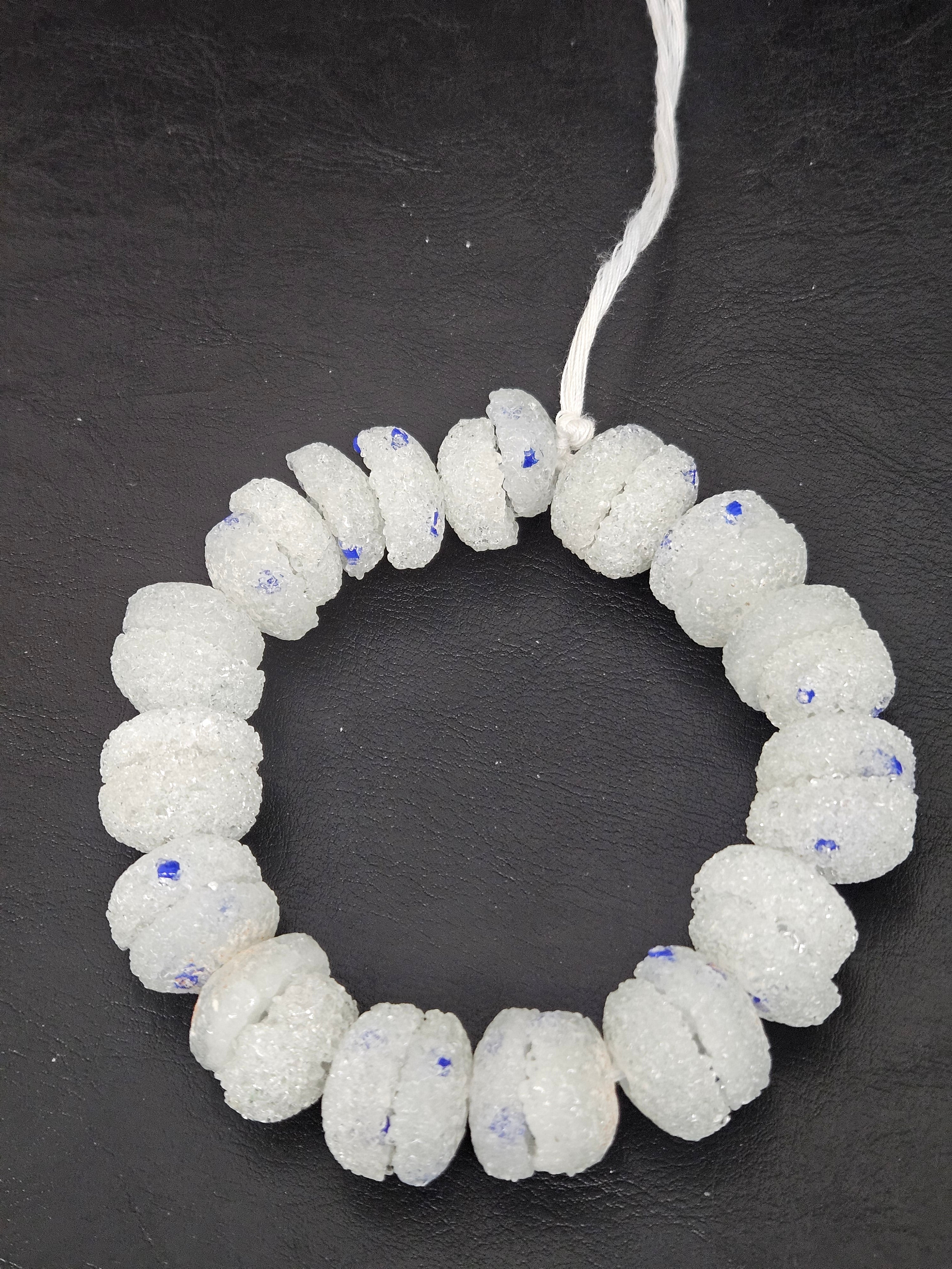 White & Blue Speckled Krobo Sugar Glass Rondelle Beads | Handcrafted Recycled Glass Beads from Ghana | Approx. 30 Beads Per Strand