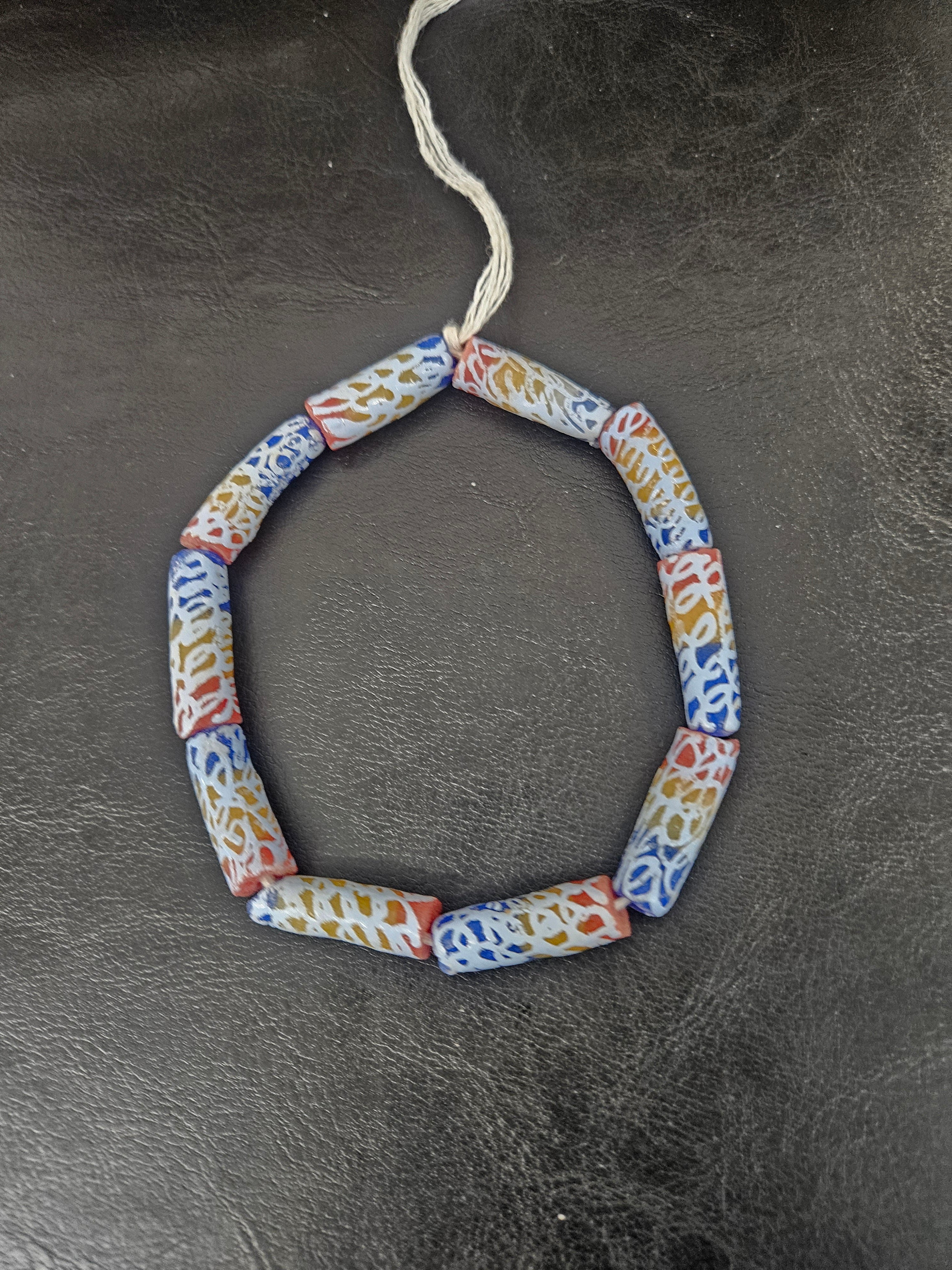 Ivory Multicolor Krobo Painted Glass Long Tube Beads | Handmade African Recycled Glass from Ghana