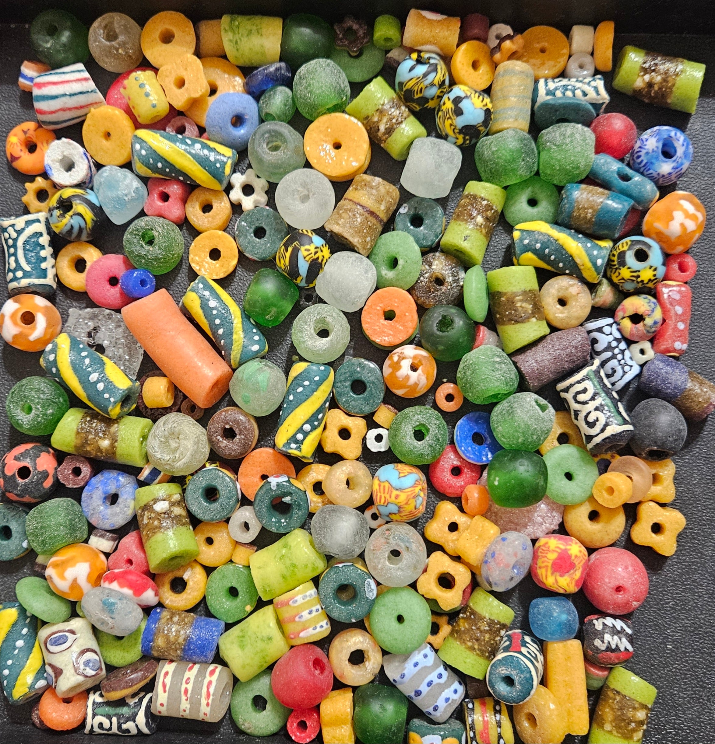 African Krobo Recycled Glass Beads Mix (Forest Green + Sun Gold) — 1 Cup, 160+ Handmade Ghana Beads, 1lb | ABM253