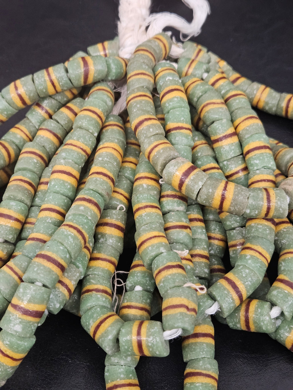 Green Striped Krobo Kente Glass Beads | Handcrafted Powdered Glass Beads from Ghana | Approx. 17 Beads