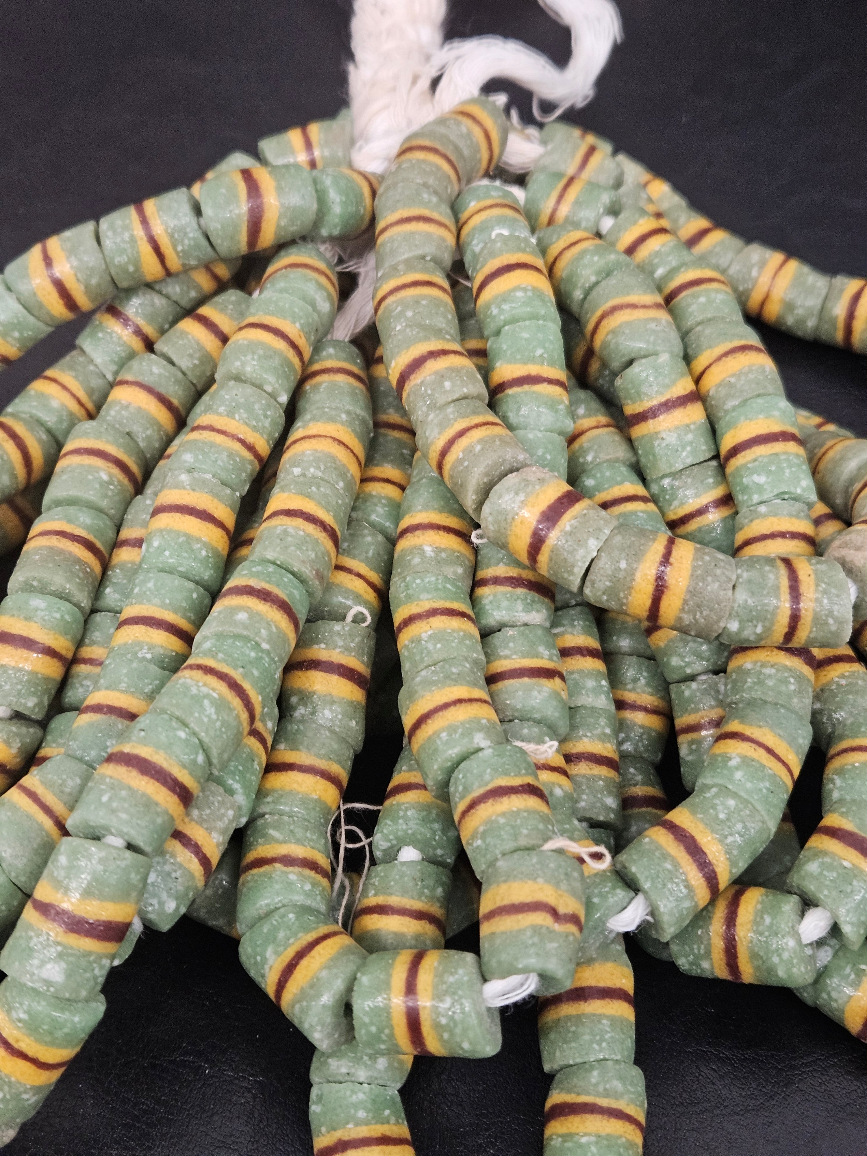 Green Striped Krobo Kente Glass Beads | Handcrafted Powdered Glass Beads from Ghana | Approx. 17 Beads