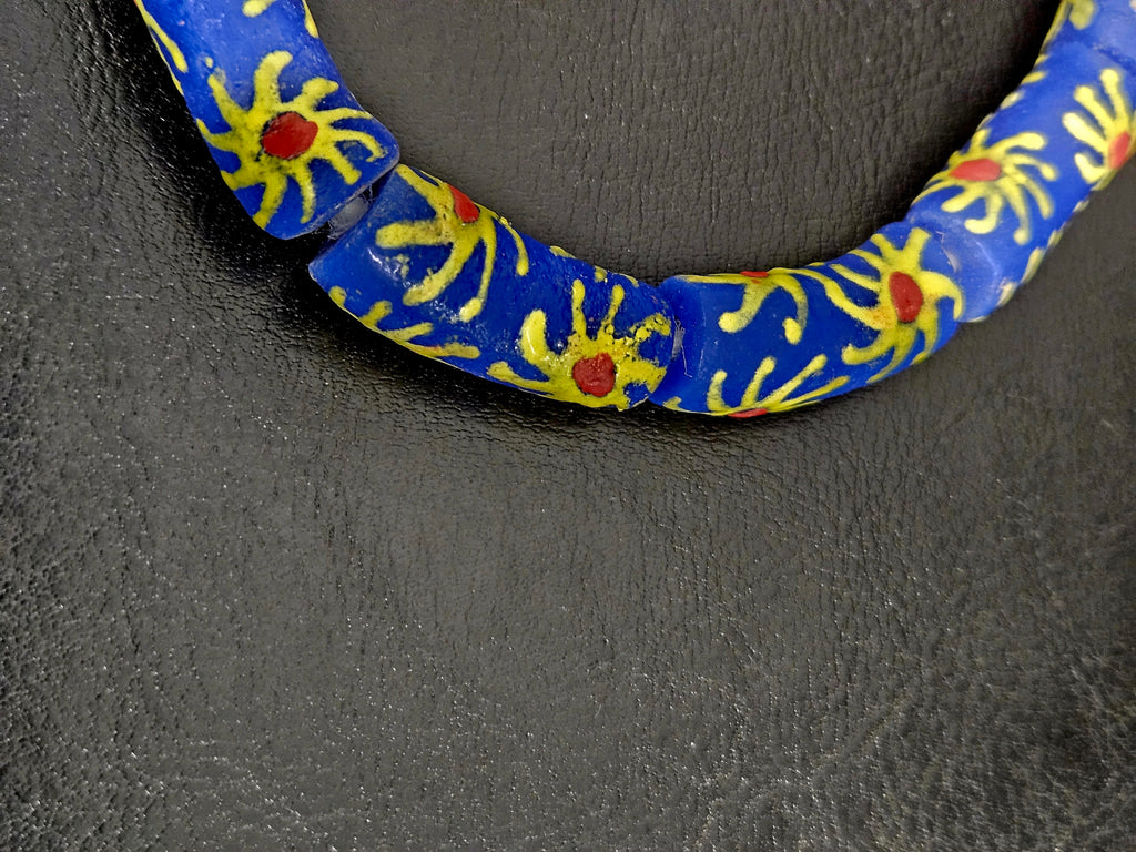 Painted Krobo Glass Tube Beads | Royal Blue Recycled Glass Tube Beads | Handmade in Ghana | 13–14×26–30mm