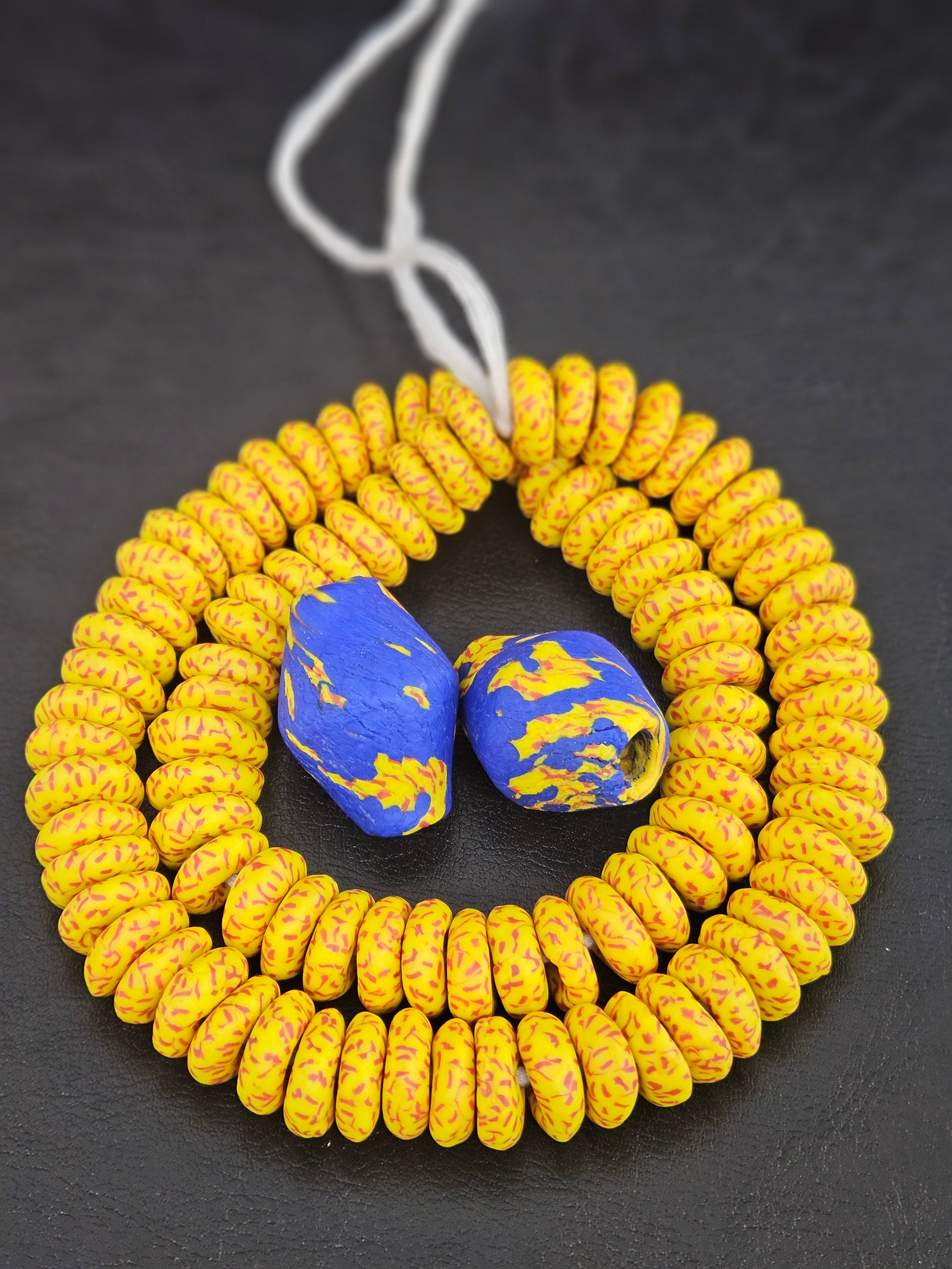 Yellow African Beads Bundle – Krobo Glass Rondelles + Bicone Focals