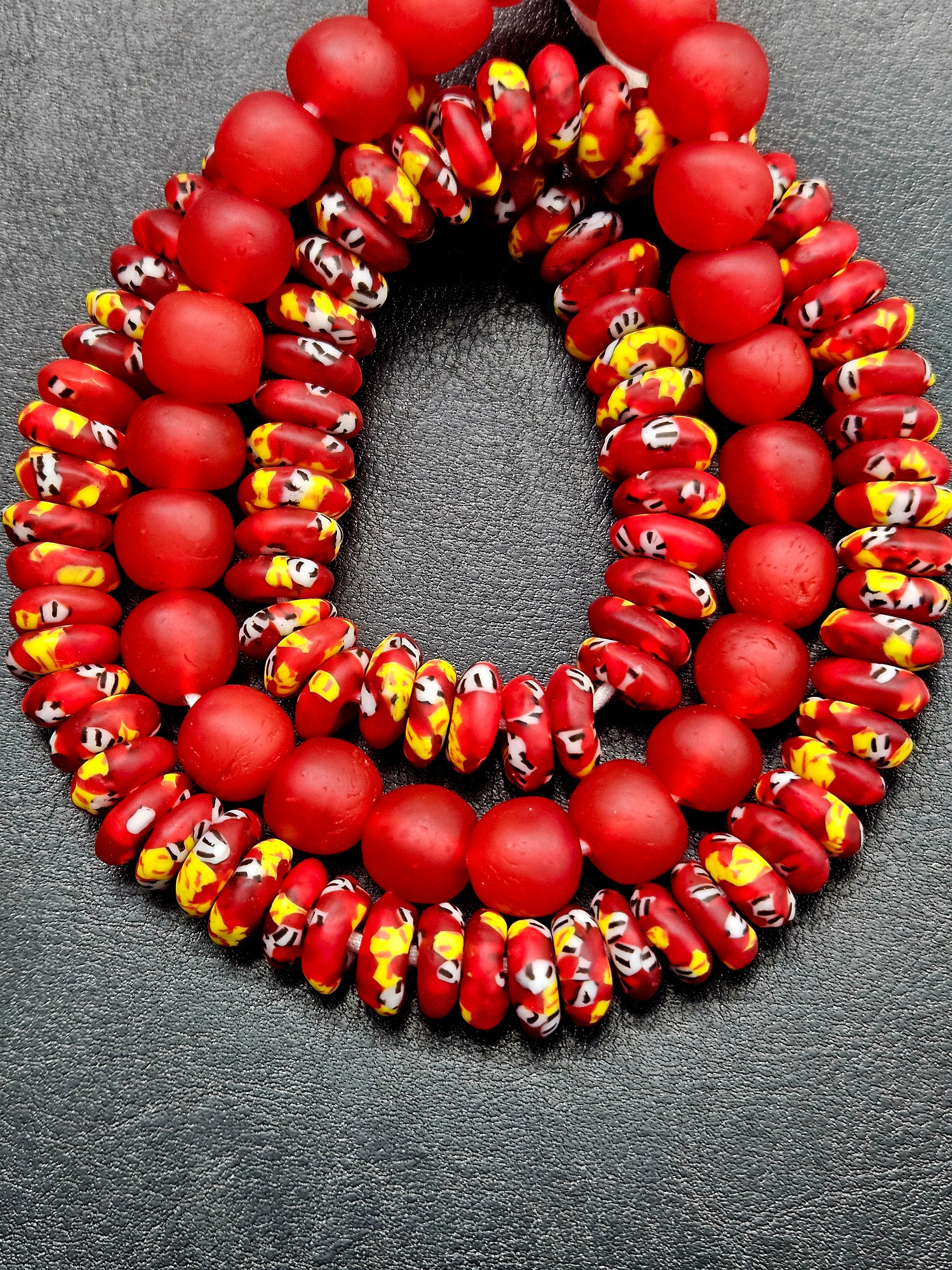 Red African Glass Bead Bundle: Hand-Painted Krobo Rondelle & Round Pocket Glass Beads from Ghana