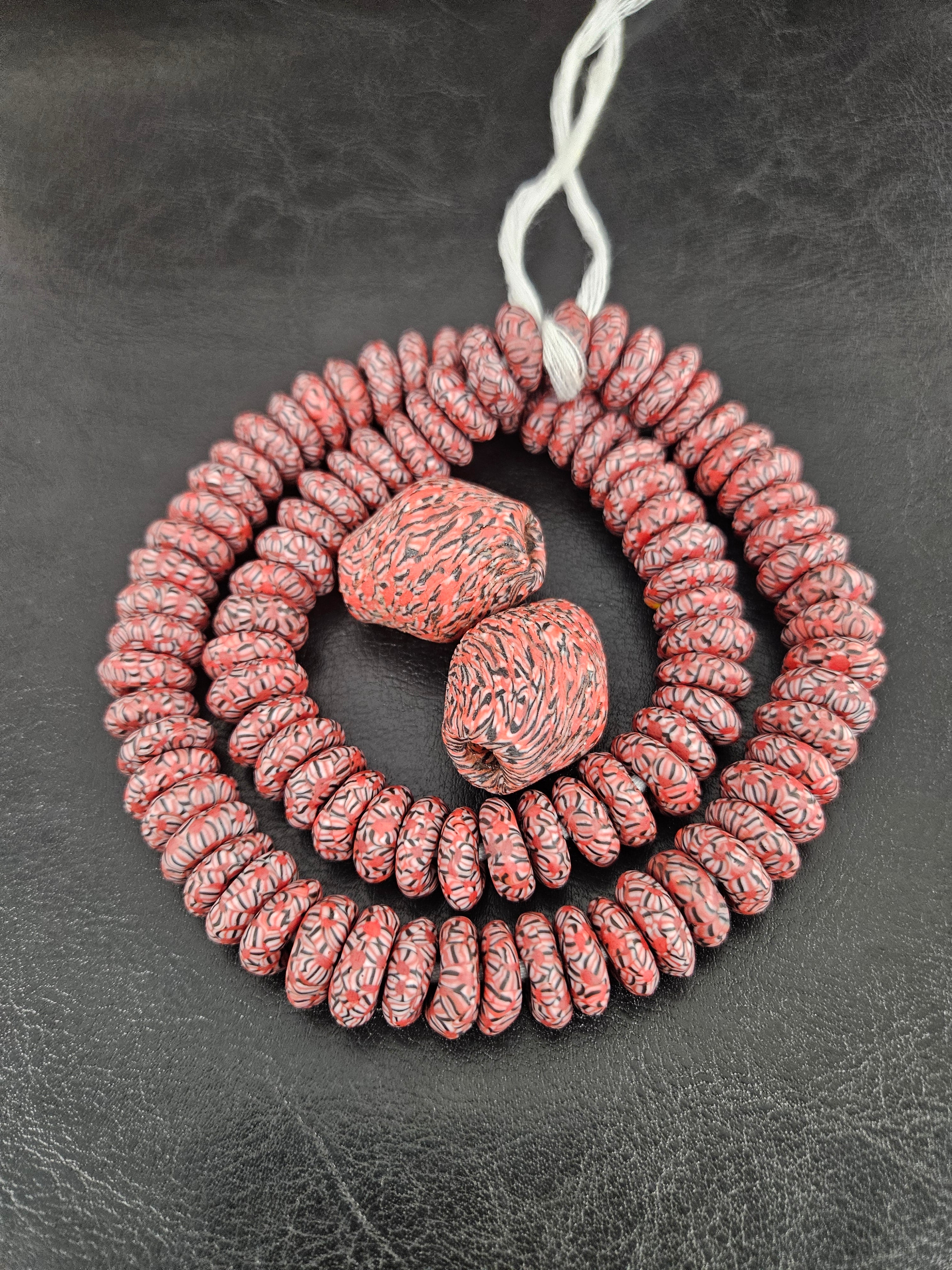 African Glass Bead Bundle – Coral Krobo Rondelles + Bicone Focal Beads