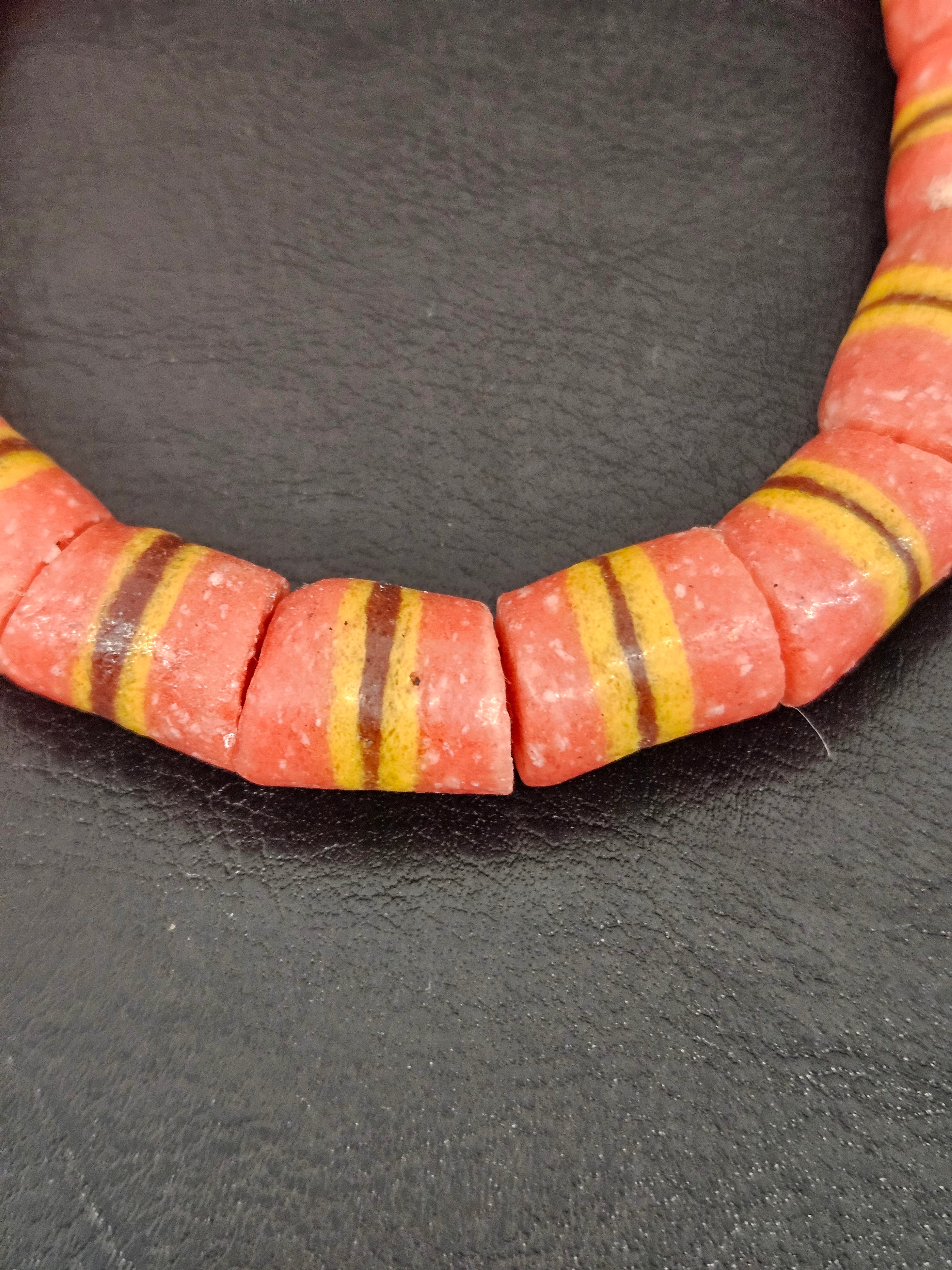 Red Striped Krobo Kente Glass Beads | Handcrafted Powdered Glass Beads from Ghana | Approx. 17 Beads