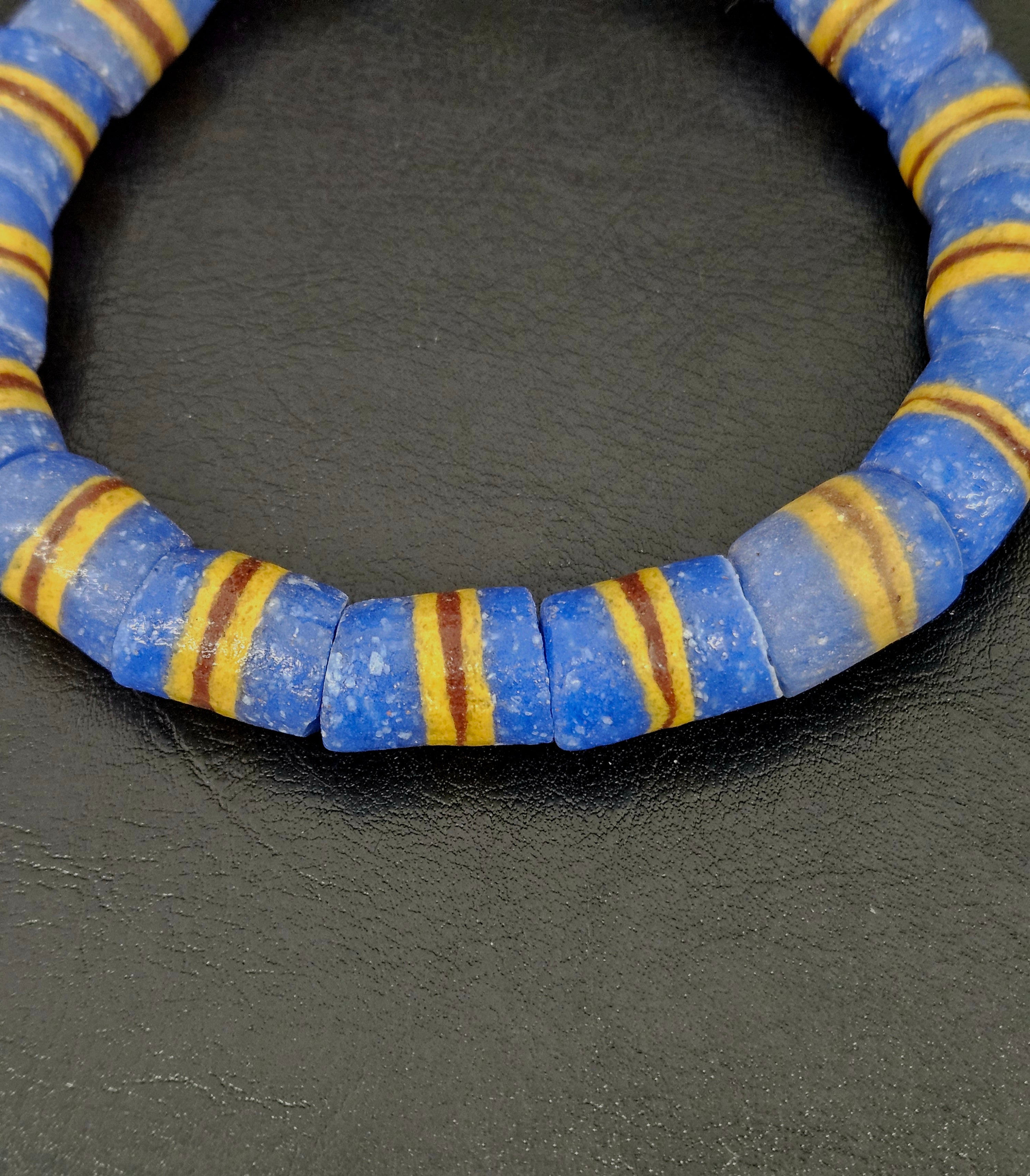 Blue Striped Krobo Kente Glass Beads | Handcrafted Powdered Glass Beads from Ghana | Approx. 17 Beads