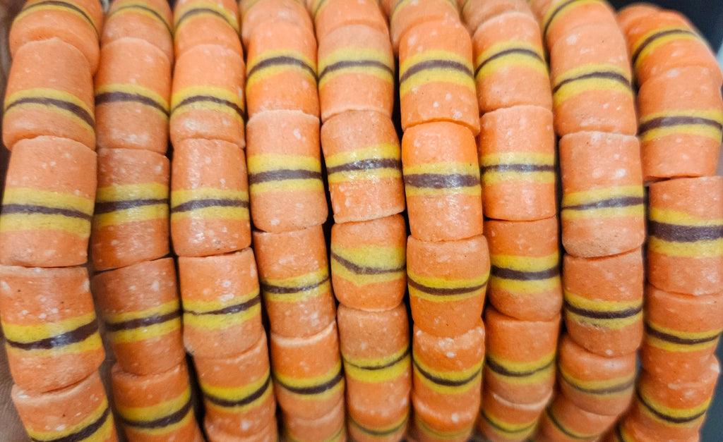 Orange Striped Krobo Kente Glass Beads | Handcrafted Powdered Glass Beads from Ghana | Approx. 17 Beads