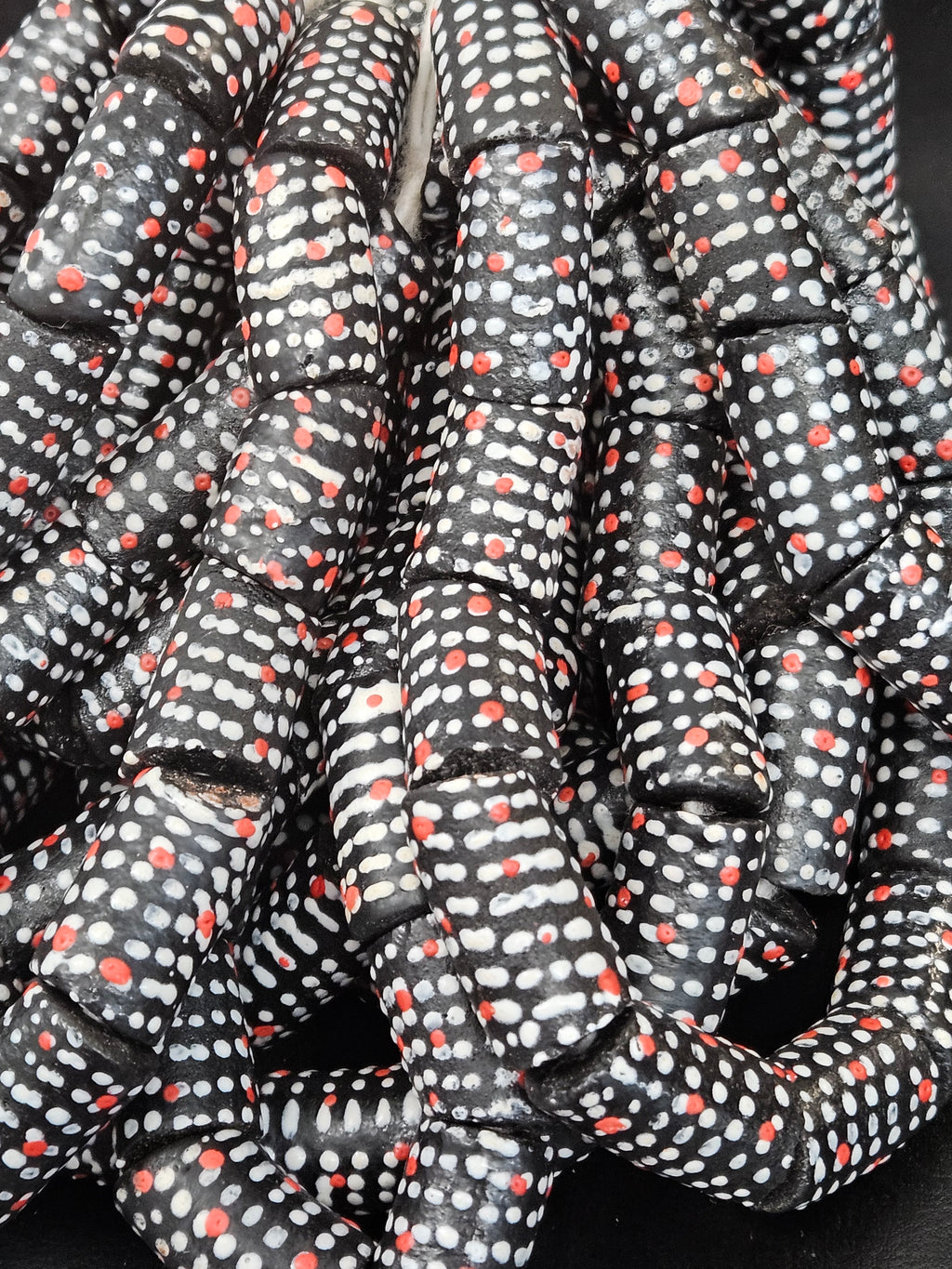 Painted Krobo Glass Beads | Black Red & White Polka Dot Long Tube Beads | Handcrafted Ghana Recycled Glass Beads
