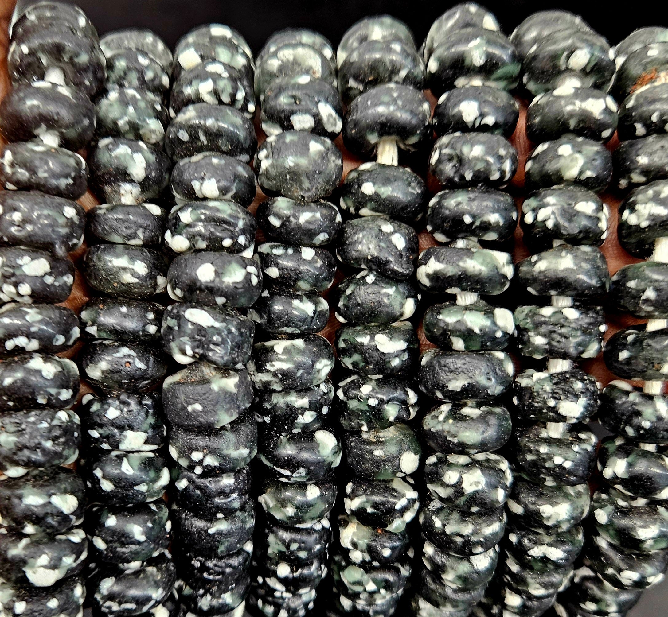 Black Speckled Krobo Powdered Glass Short Tube Beads | 7–9 × 13–14mm | Ghana | Approx. 32–33 Beads