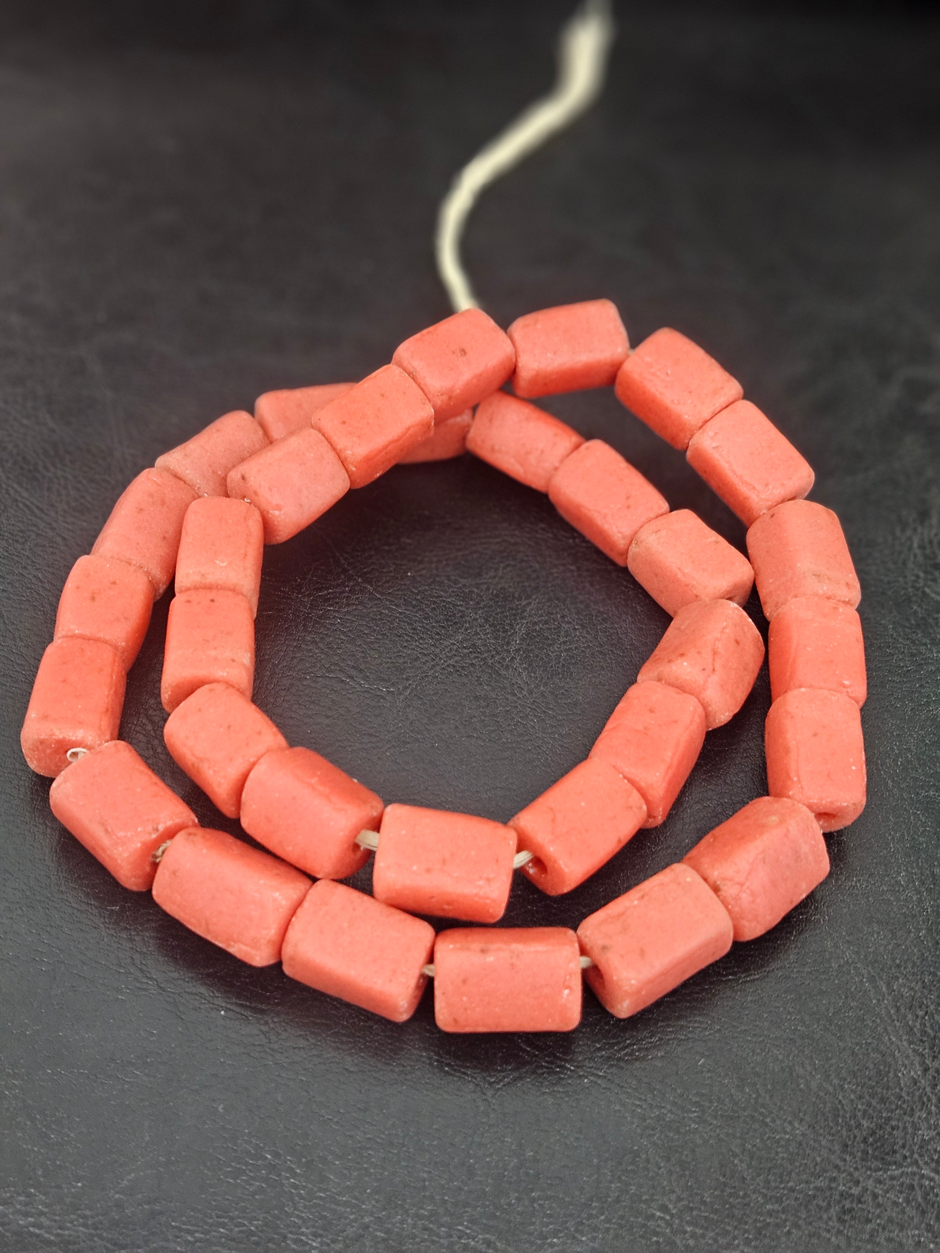 Terracotta Red Bead Shape Organic Pillow Cube (Flat Cube) handcrafted Ghanaian recycled glass beads