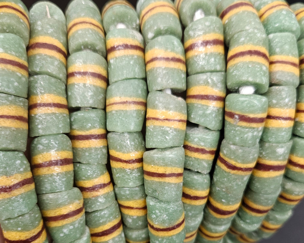 Green Striped Krobo Kente Glass Beads | Handcrafted Powdered Glass Beads from Ghana | Approx. 17 Beads