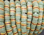 Green Striped Krobo Kente Glass Beads | Handcrafted Powdered Glass Beads from Ghana | Approx. 17 Beads