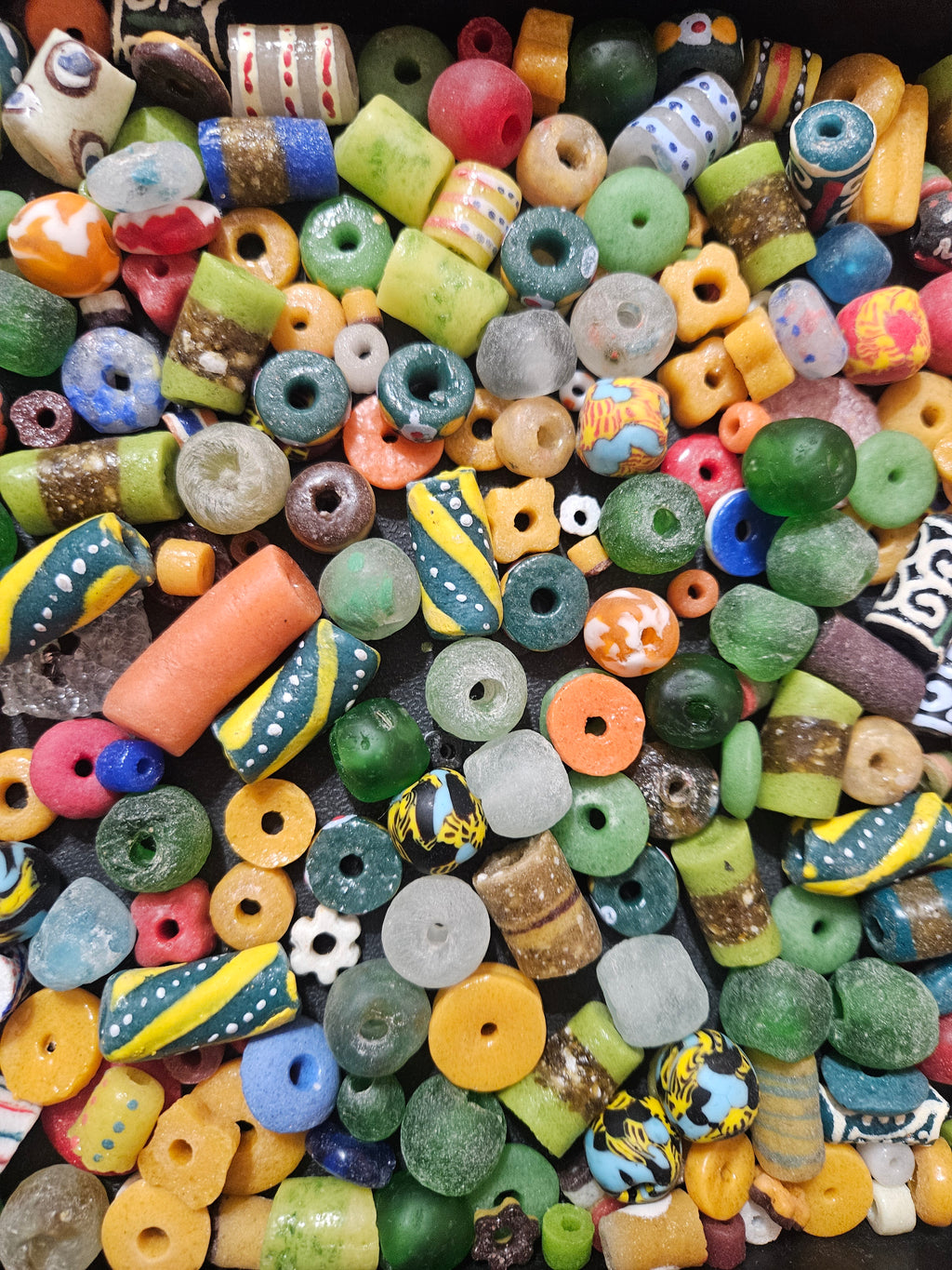 African Krobo Recycled Glass Beads Mix (Forest Green + Sun Gold) — 1 Cup, 160+ Handmade Ghana Beads, 1lb | ABM253