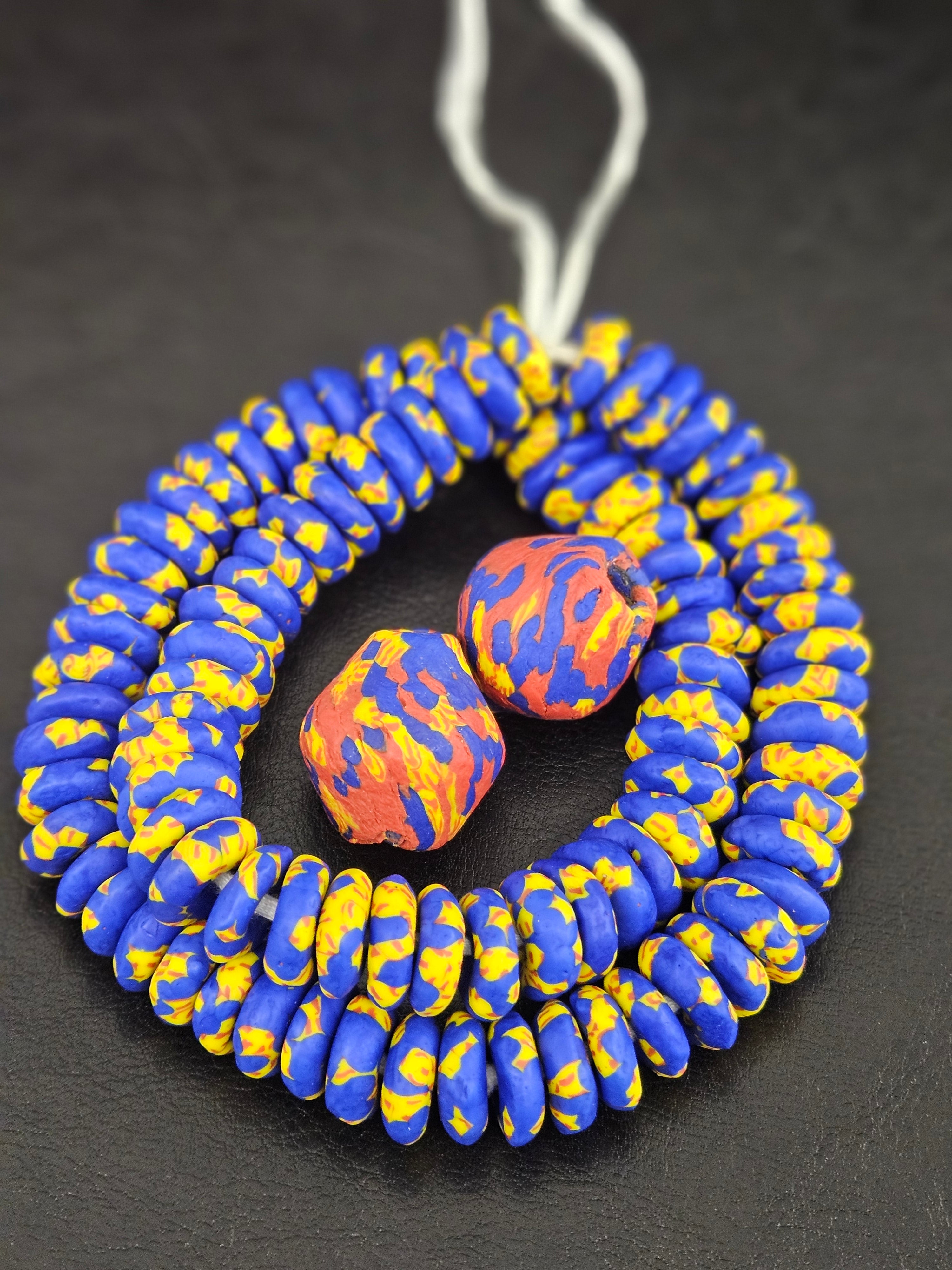 Blue African Beads Bundle – Krobo Glass Rondelles + Bicone Focal Beads