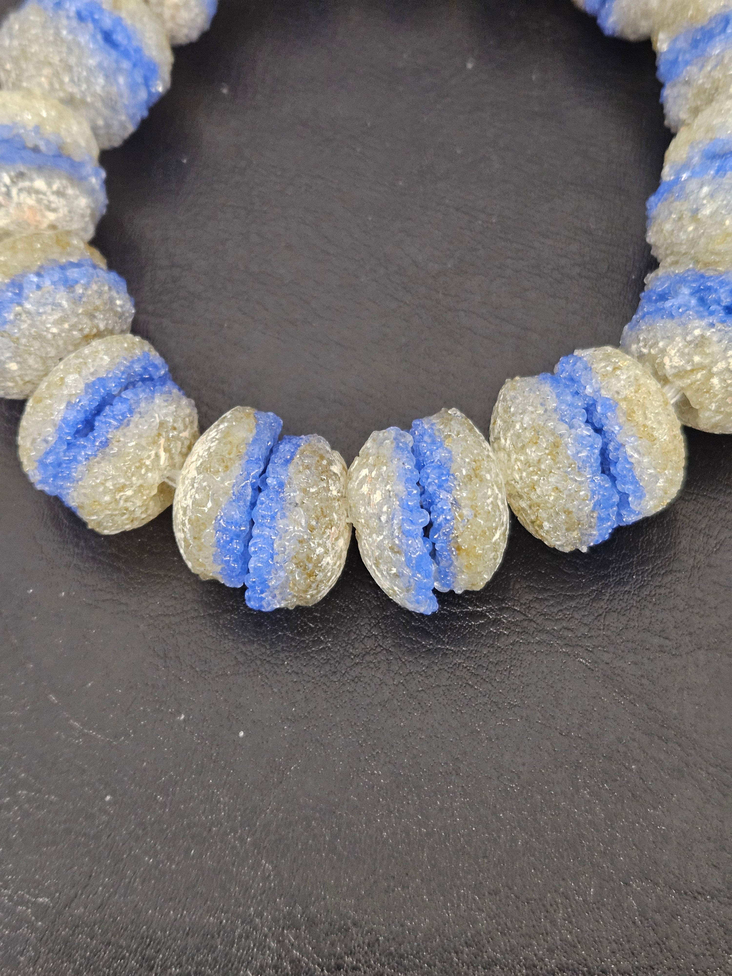 Royal Blue & Ivory Krobo Sugar Glass Rondelle Beads | Handcrafted Recycled Glass Beads from Ghana | Approx. 30 Beads Per Strand