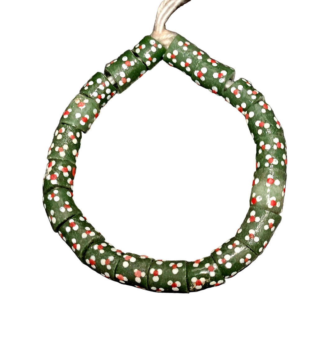 Dark Green Tube Krobo Recycled Glass Beads with Red & White Dots | 10–12.5 × 16–19.5 mm Large Hole Beads | Handcrafted in Ghana