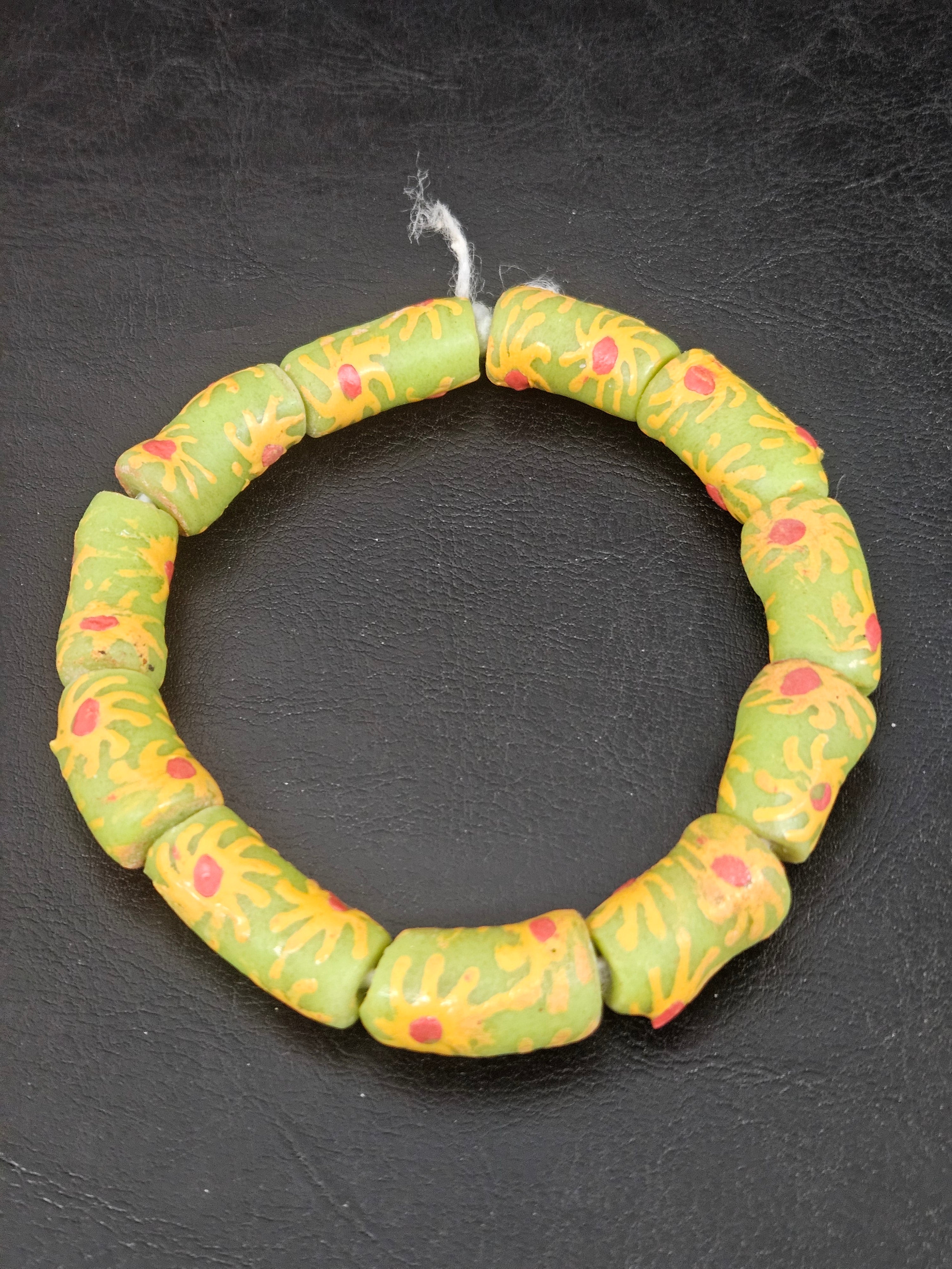 Painted Krobo Glass Tube Beads | Sage Green Recycled Glass Tube Beads | Handmade in Ghana | 13–14×26–30mm