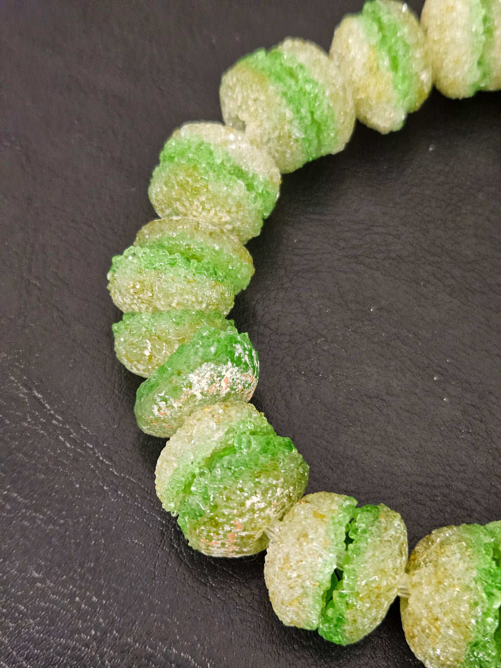 Green & White Krobo Sugar Glass Rondelle Beads | Handcrafted Recycled Glass Beads from Ghana | Approx. 30 Beads Per Strand
