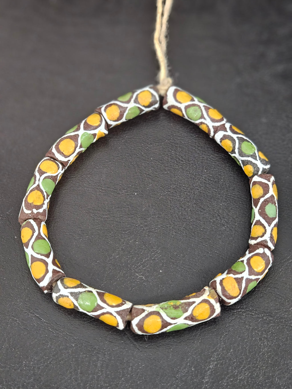 Chocolate Brown Krobo Painted Glass Tube Beads with Golden Yellow & Leaf Green Mosaic Motifs | Handcrafted Recycled Glass from Ghana