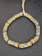 Chocolate Brown Krobo Painted Glass Tube Beads with Golden Yellow & Leaf Green Mosaic Motifs | Handcrafted Recycled Glass from Ghana