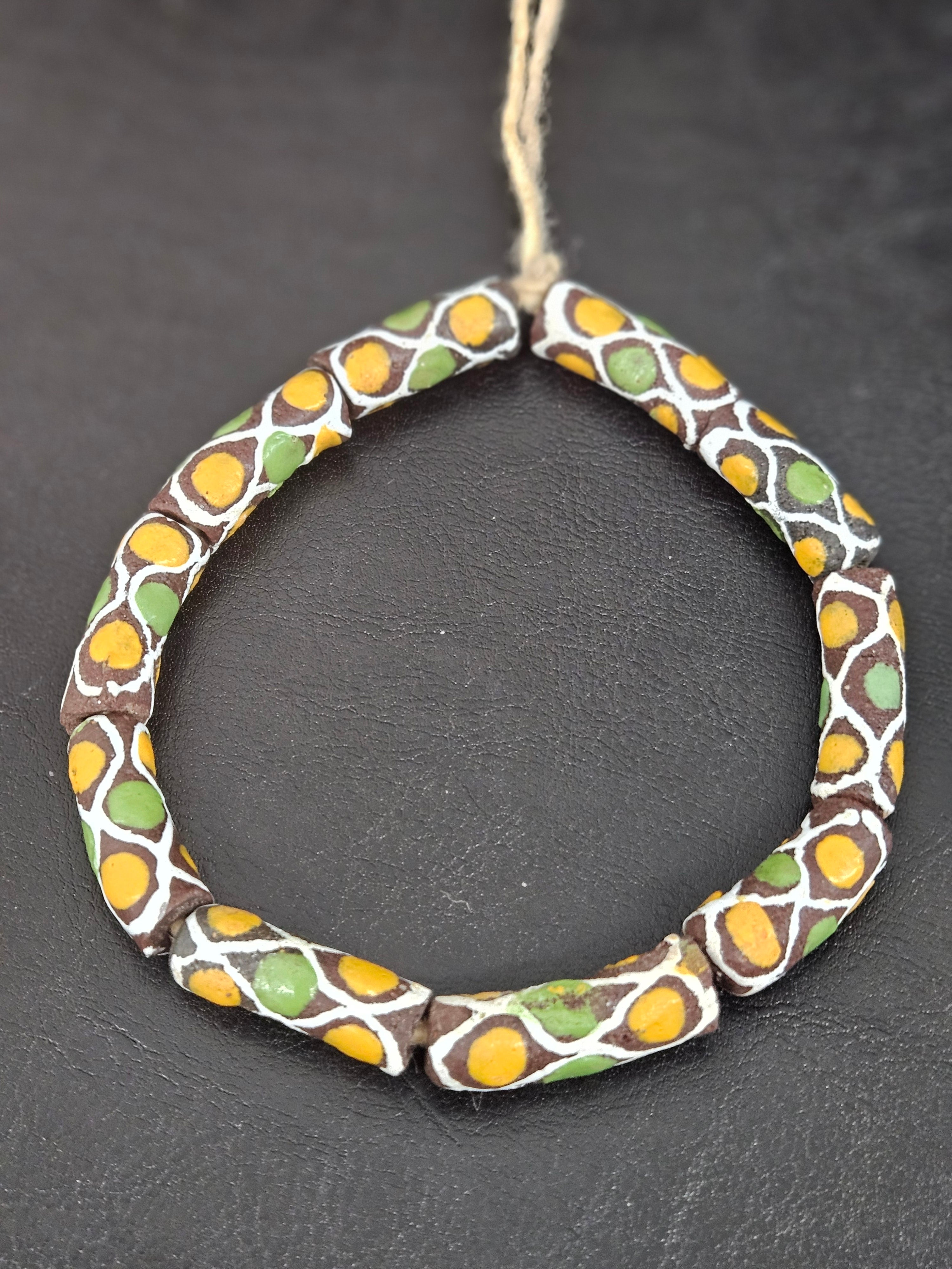 Chocolate Brown Krobo Painted Glass Tube Beads with Golden Yellow & Leaf Green Mosaic Motifs | Handcrafted Recycled Glass from Ghana