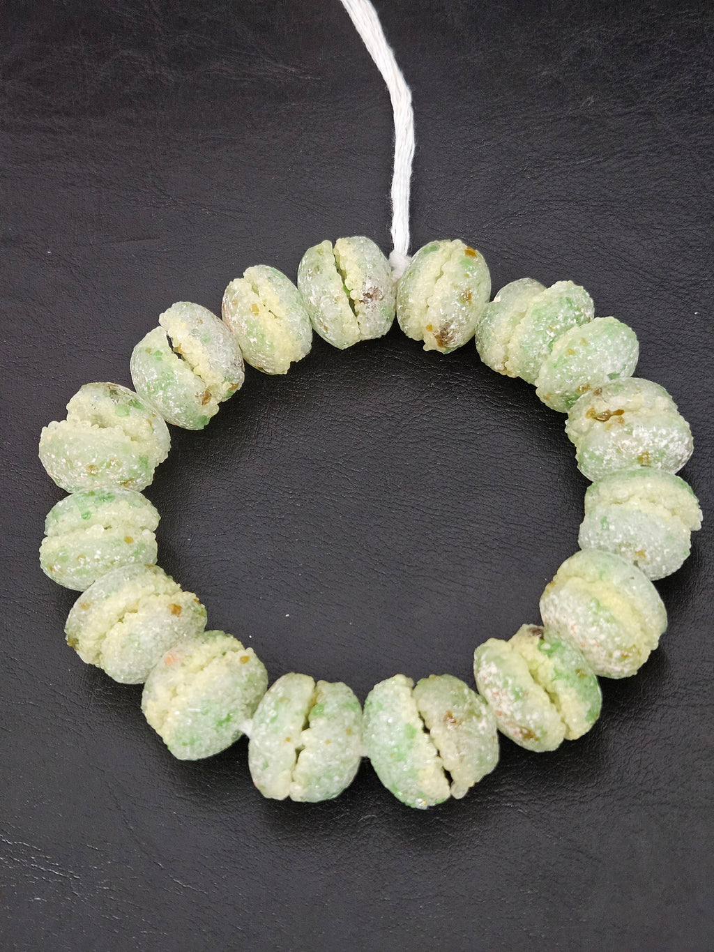 Green & Ivory Krobo Sugar Glass Rondelle Beads | Handcrafted Recycled Glass Beads from Ghana | Approx. 30 Beads Per Strand
