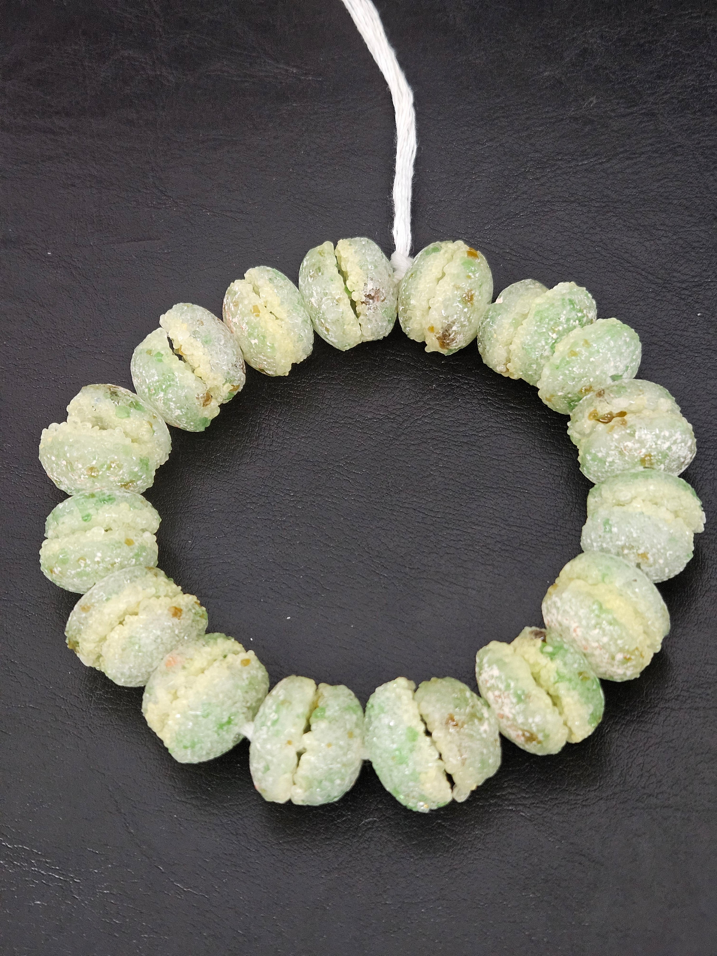 Green & Ivory Krobo Sugar Glass Rondelle Beads | Handcrafted Recycled Glass Beads from Ghana | Approx. 30 Beads Per Strand
