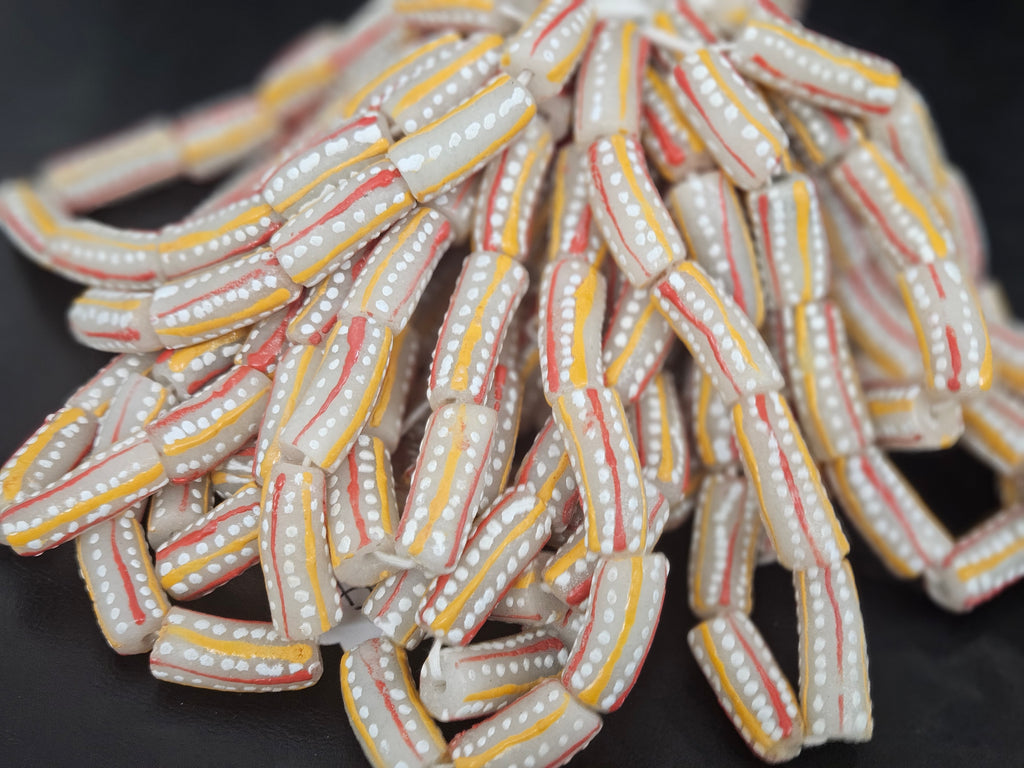 Krobo Painted Glass Tube Beads – Soft Ivory Gray with Golden Yellow & Coral Red Stripes
