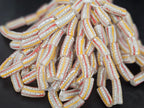 Krobo Painted Glass Tube Beads – Soft Ivory Gray with Golden Yellow & Coral Red Stripes