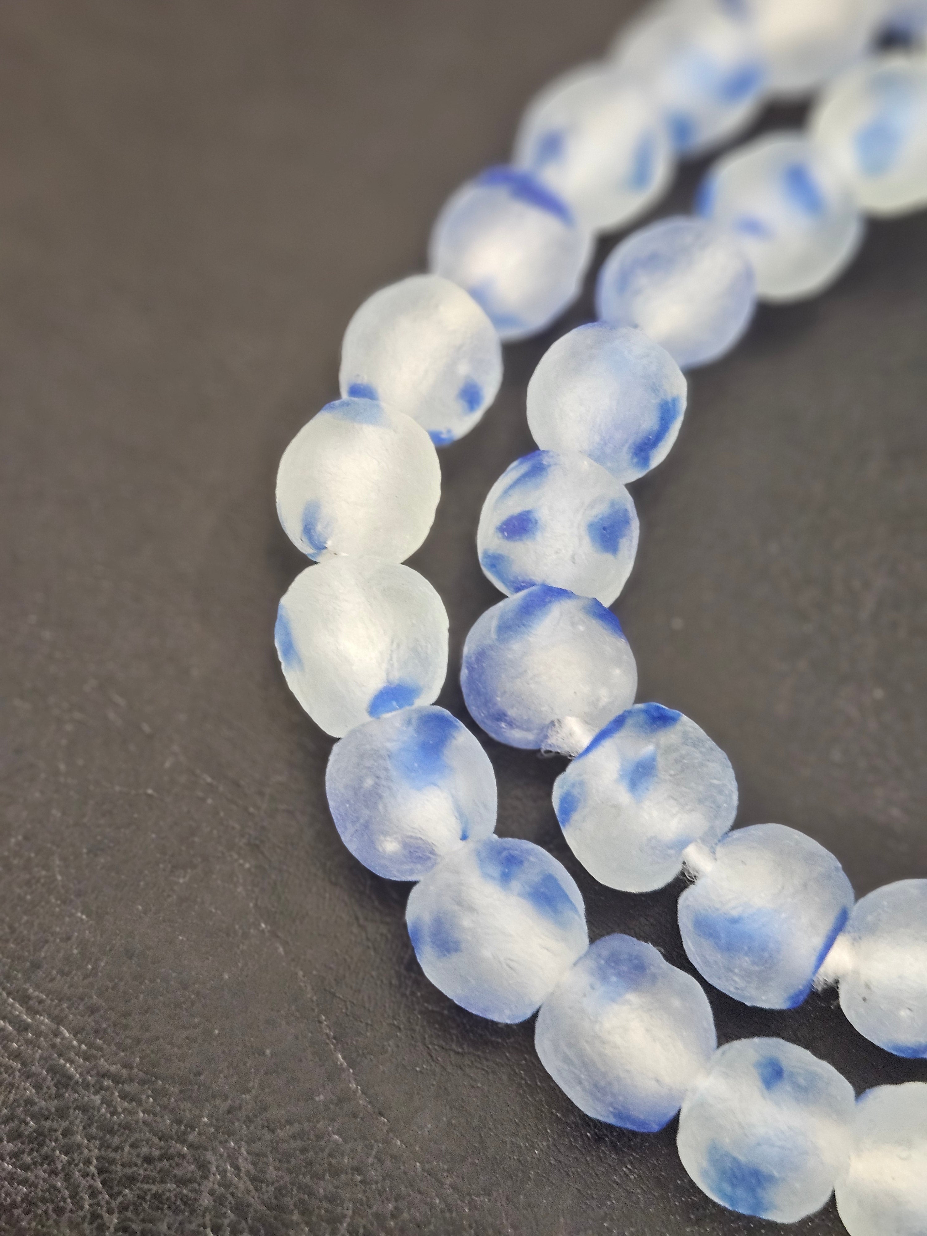Authentic African Beads from Ghana | Cobalt Blue & Frost White Translucent Krobo Recycled Glass Beads | Handmade 12–14mm