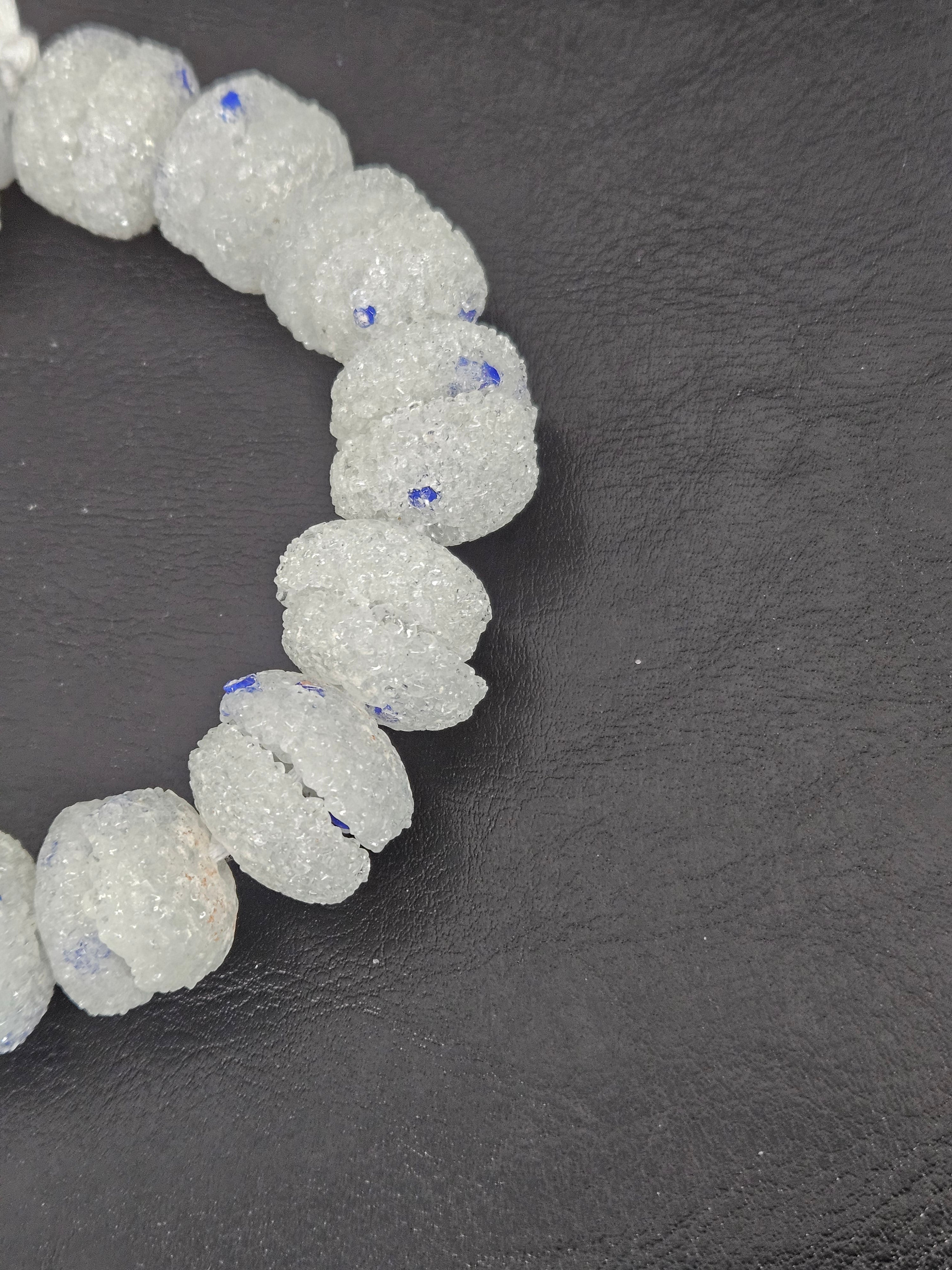 White & Blue Speckled Krobo Sugar Glass Rondelle Beads | Handcrafted Recycled Glass Beads from Ghana | Approx. 30 Beads Per Strand