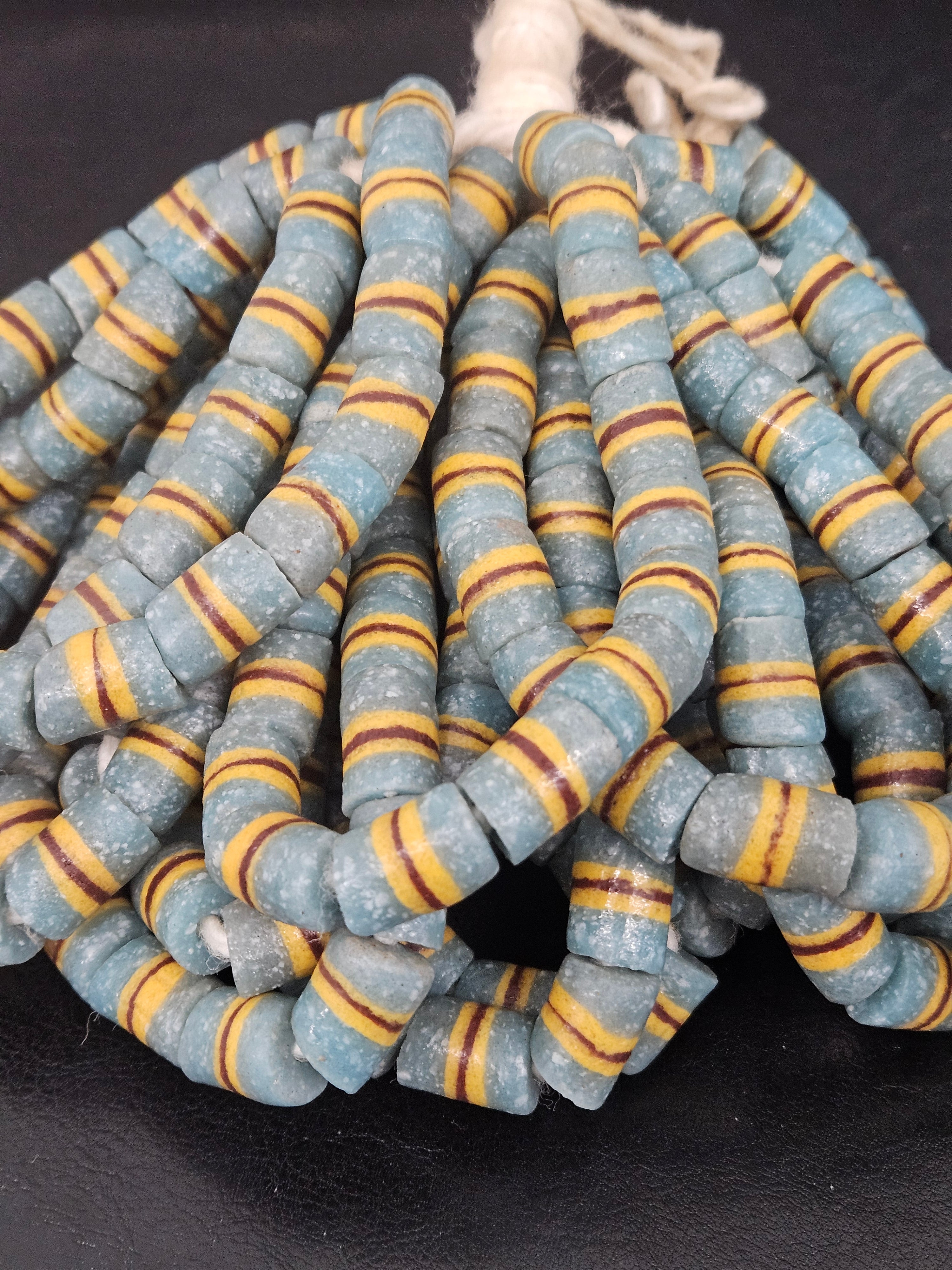 Light Blue Striped Krobo Kente Glass Beads | Handcrafted Powdered Glass Beads from Ghana | Approx. 17 Beads