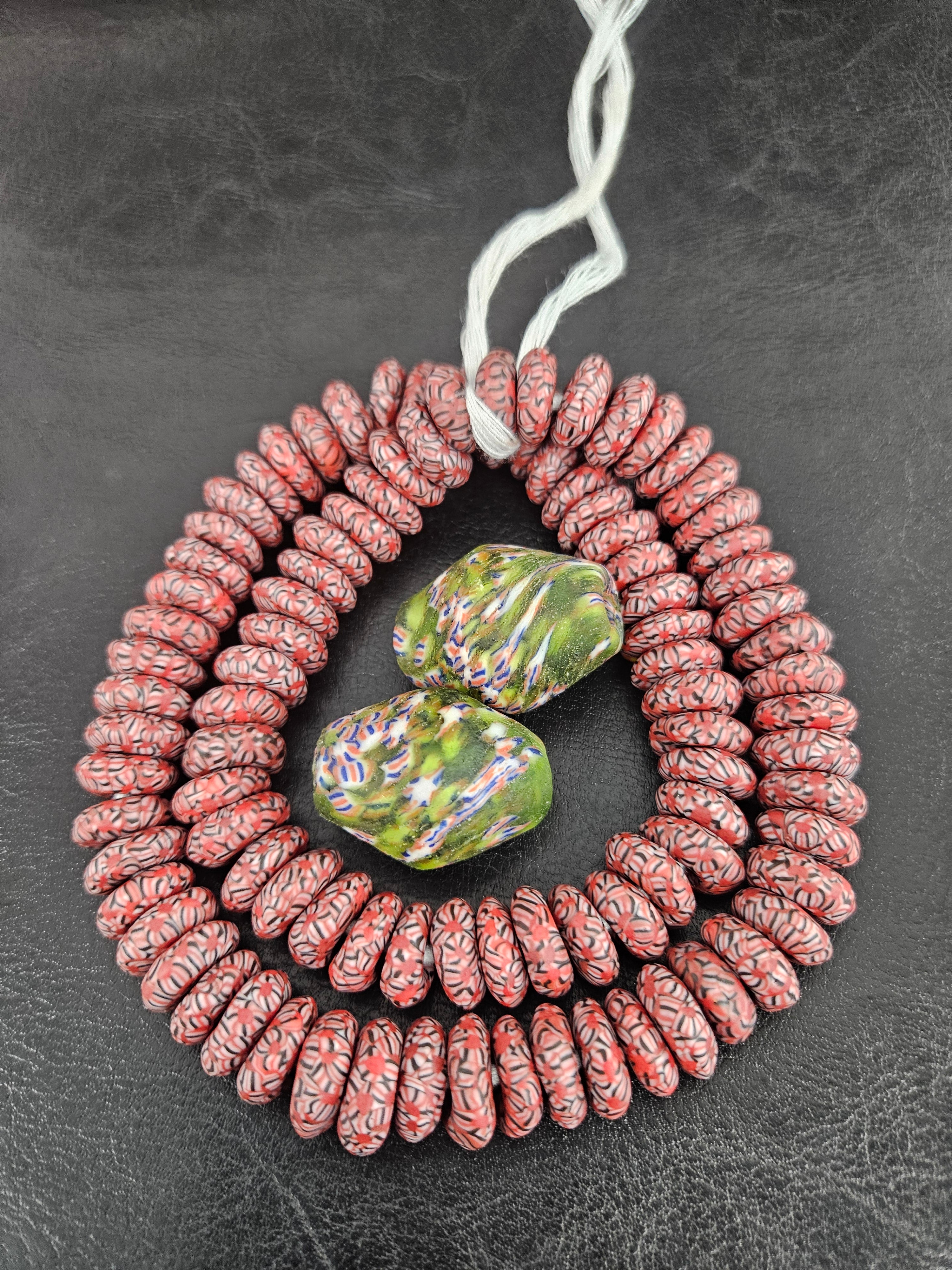 African Glass Bead Bundle – Coral Krobo Rondelles + Green Focal Beads