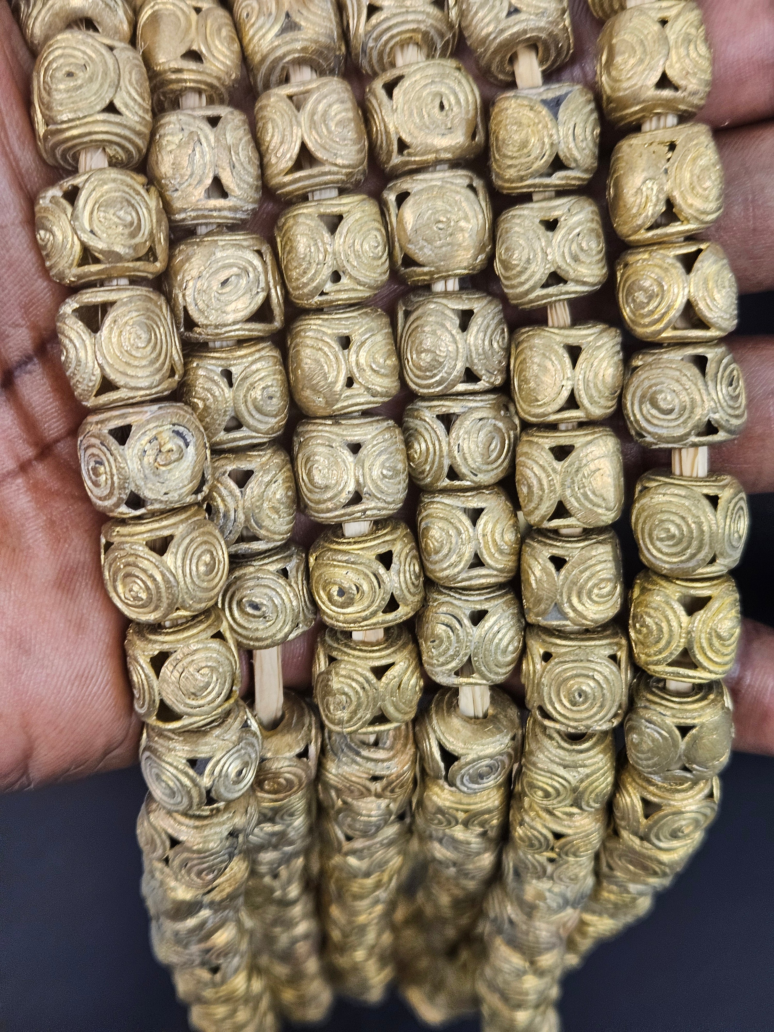 Handcrafted Ashanti Brass Spiral Filigree Cube Beads | Large Hole Ghana Brass Beads | African Brass Jewelry Making Supplies