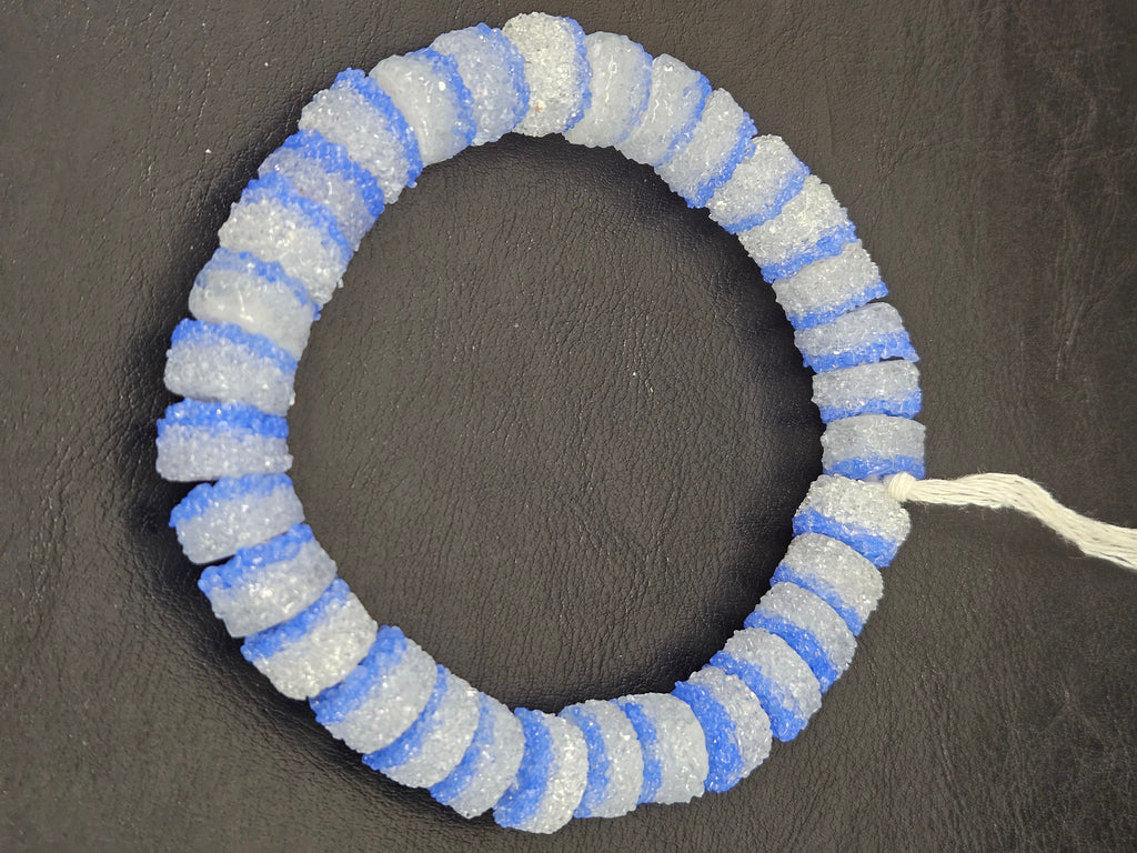 Blue & White Krobo Sugar Glass Short Tube Beads | Handcrafted Recycled Glass Beads from Ghana | Approx. 32 Beads Per Strand
