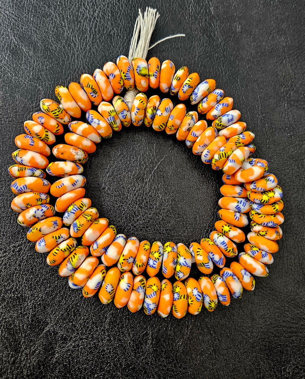 Orange, Blue & Yellow Fused Krobo Rondelle Recycled Glass Beads | 14–16 mm African Trade Beads | Handmade in Ghana