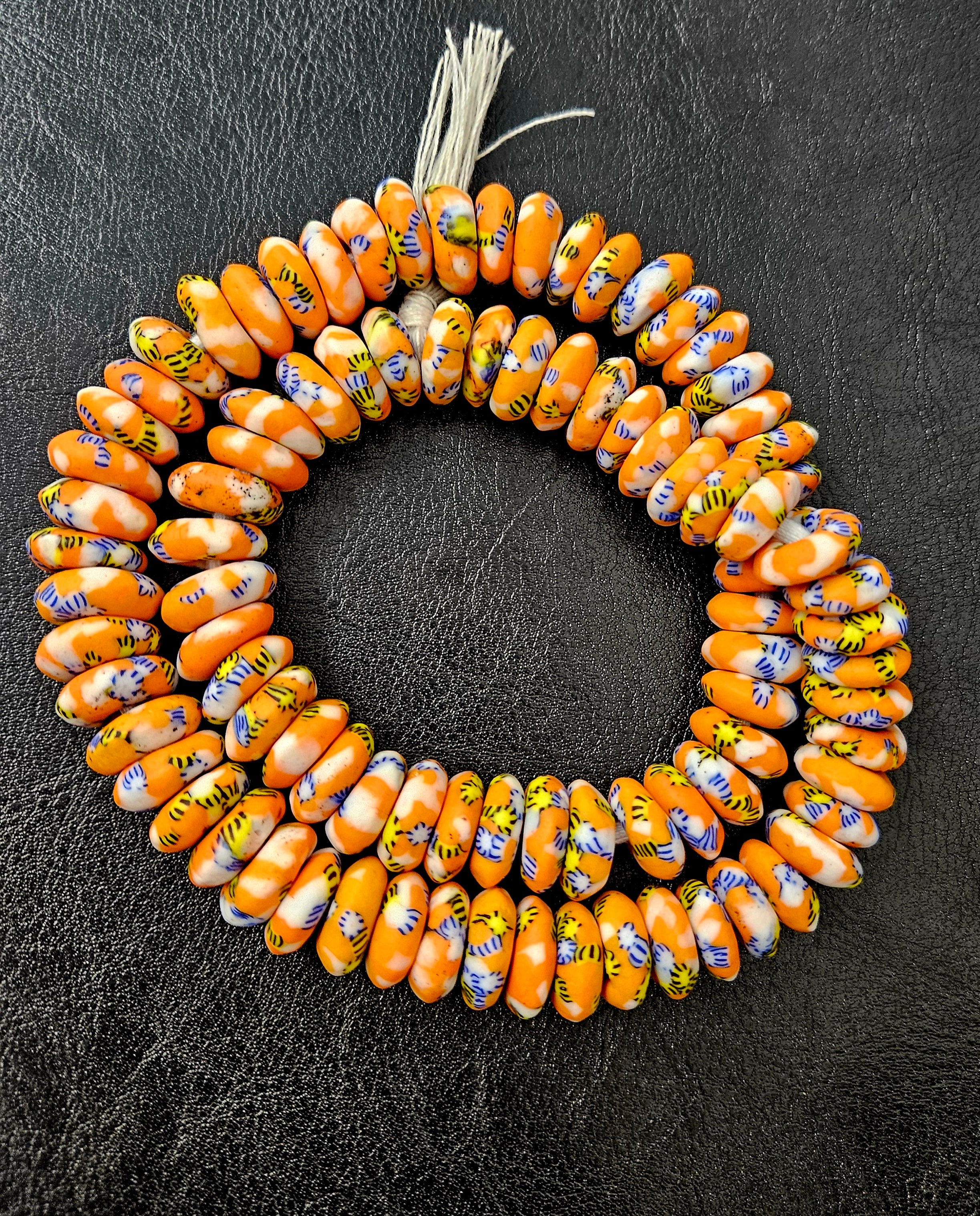 Orange, Blue & Yellow Fused Krobo Rondelle Recycled Glass Beads | 14–16 mm African Trade Beads | Handmade in Ghana