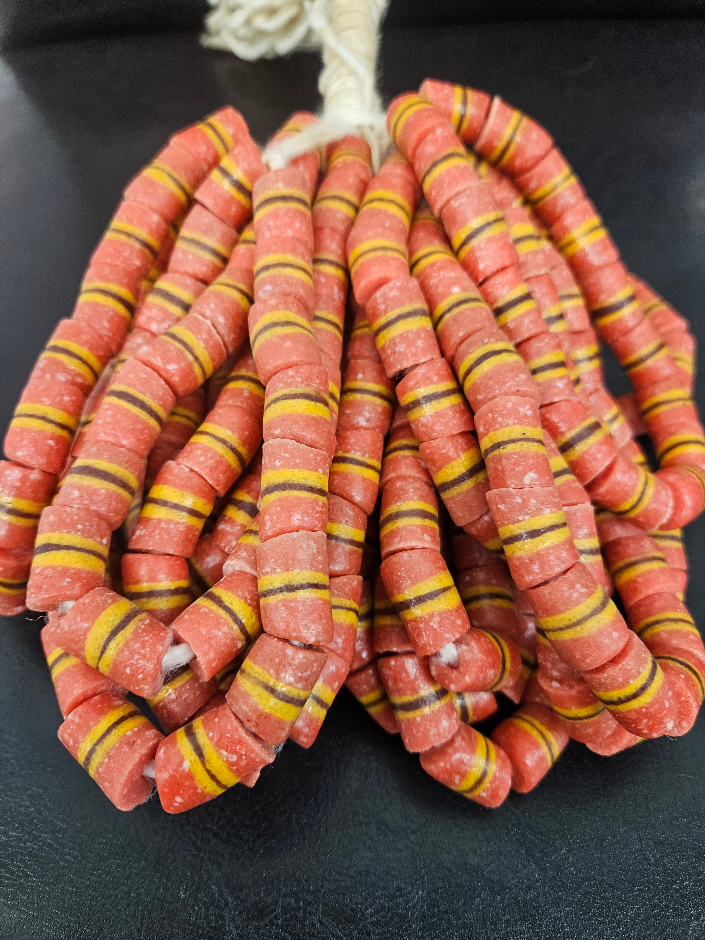 Red Striped Krobo Kente Glass Beads | Handcrafted Powdered Glass Beads from Ghana | Approx. 17 Beads