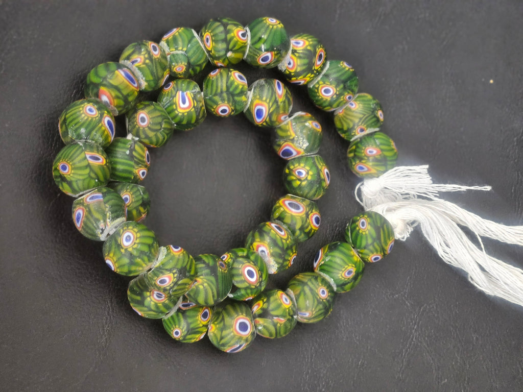 Emerald Green Eye Motif African Trade Beads Sourced in Ghana | Large-Hole Recycled Glass Trade Beads | 15–16mm Designer & Collector Strand