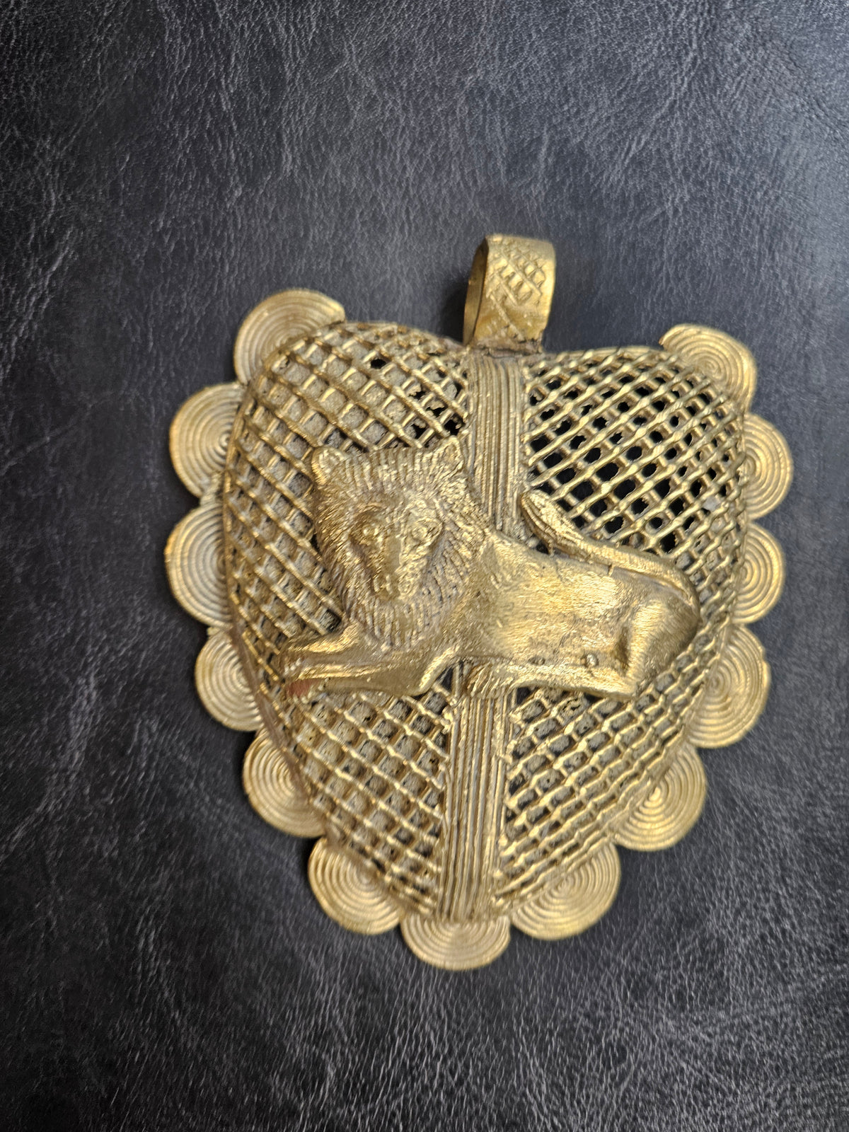 Lion on Adinkrahene African Brass Pendant | Handmade in Ghana