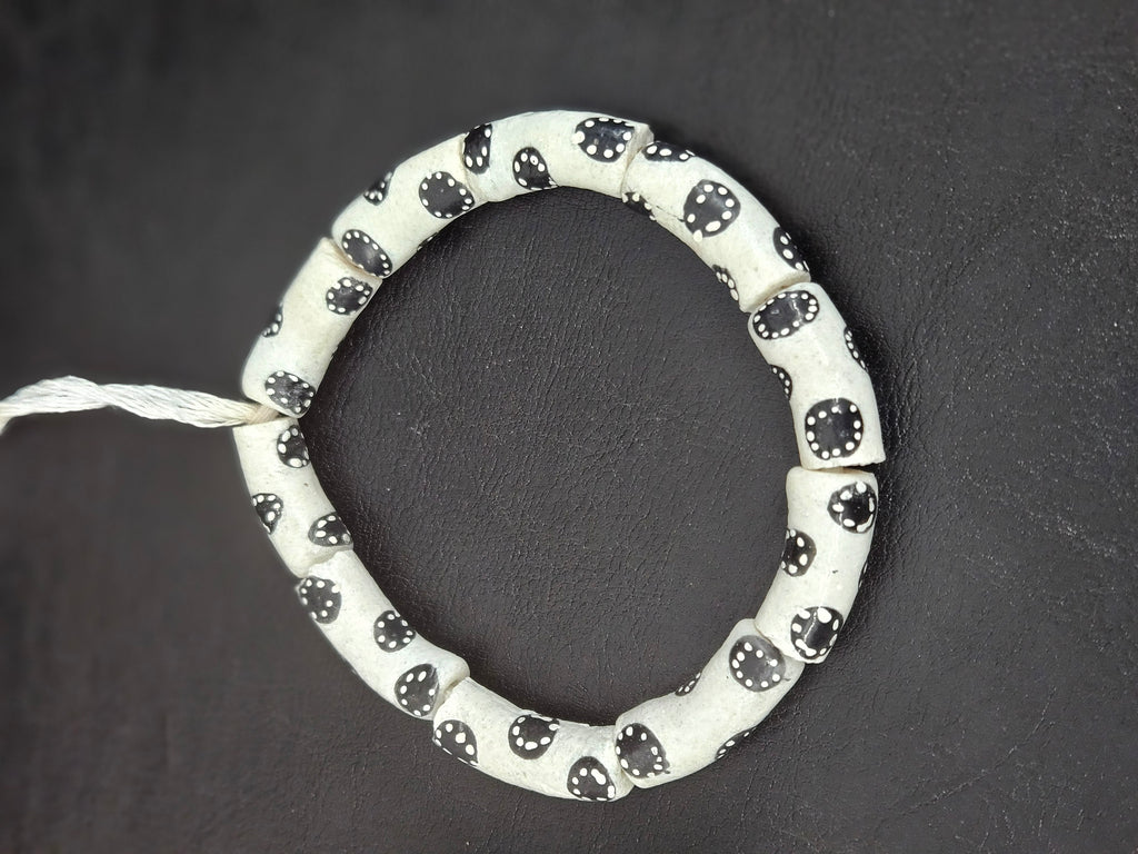 Ivory White Krobo Painted Glass Tube Beads with Ebony Black Medallion Motifs