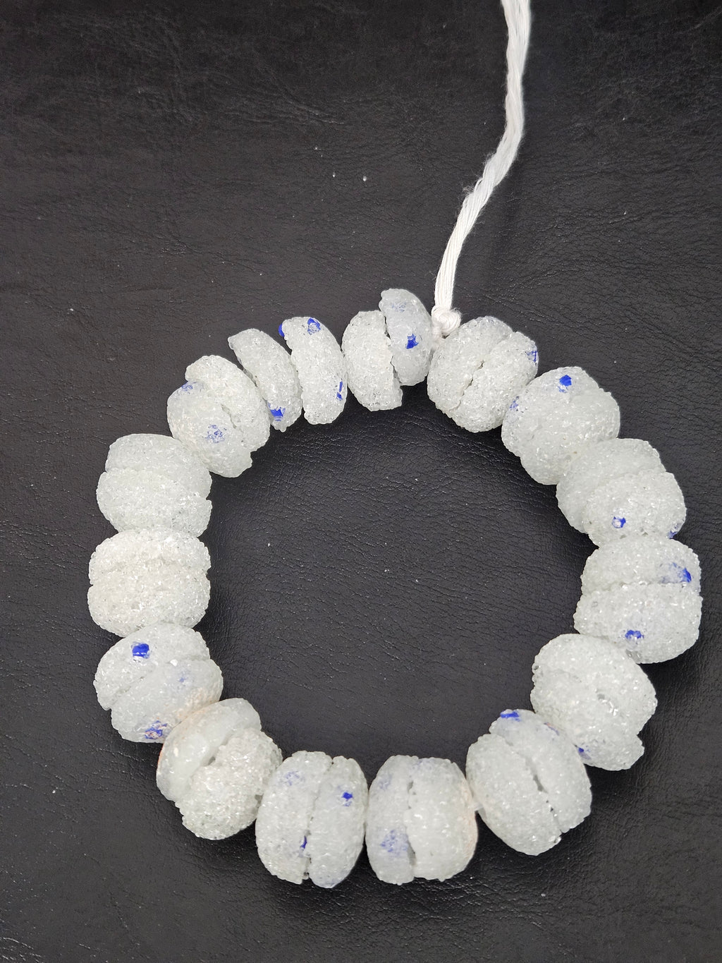 White & Blue Speckled Krobo Sugar Glass Rondelle Beads | Handcrafted Recycled Glass Beads from Ghana | Approx. 30 Beads Per Strand