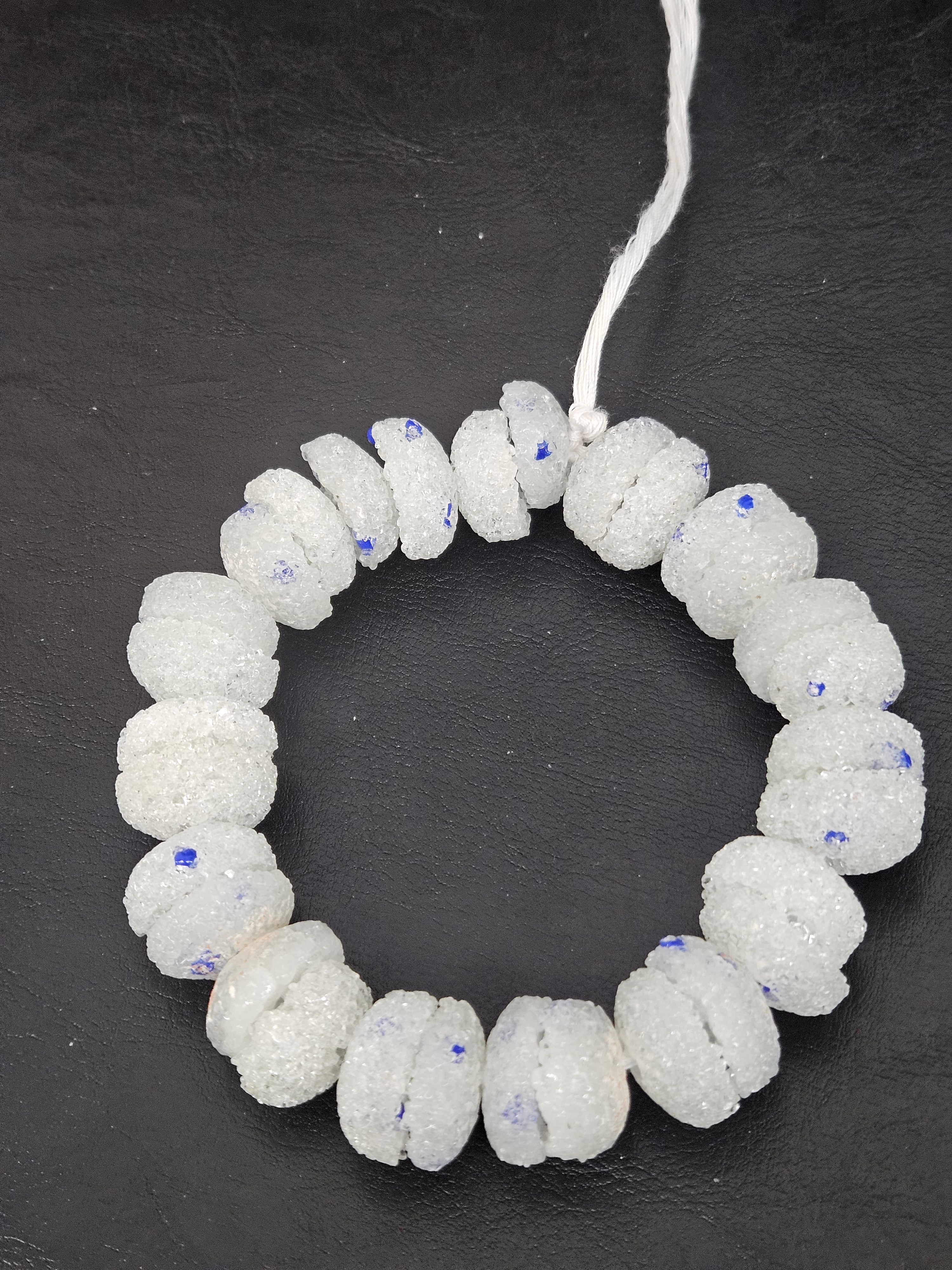 White & Blue Speckled Krobo Sugar Glass Rondelle Beads | Handcrafted Recycled Glass Beads from Ghana | Approx. 30 Beads Per Strand