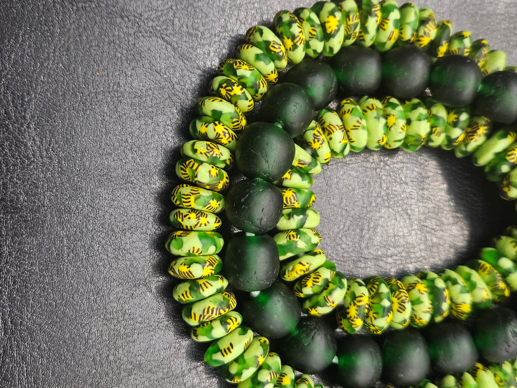 Lime Green Hand-Painted Krobo Rondelle Glass Beads & Emerald Green Pocket Glass Beads | Handmade in Ghana