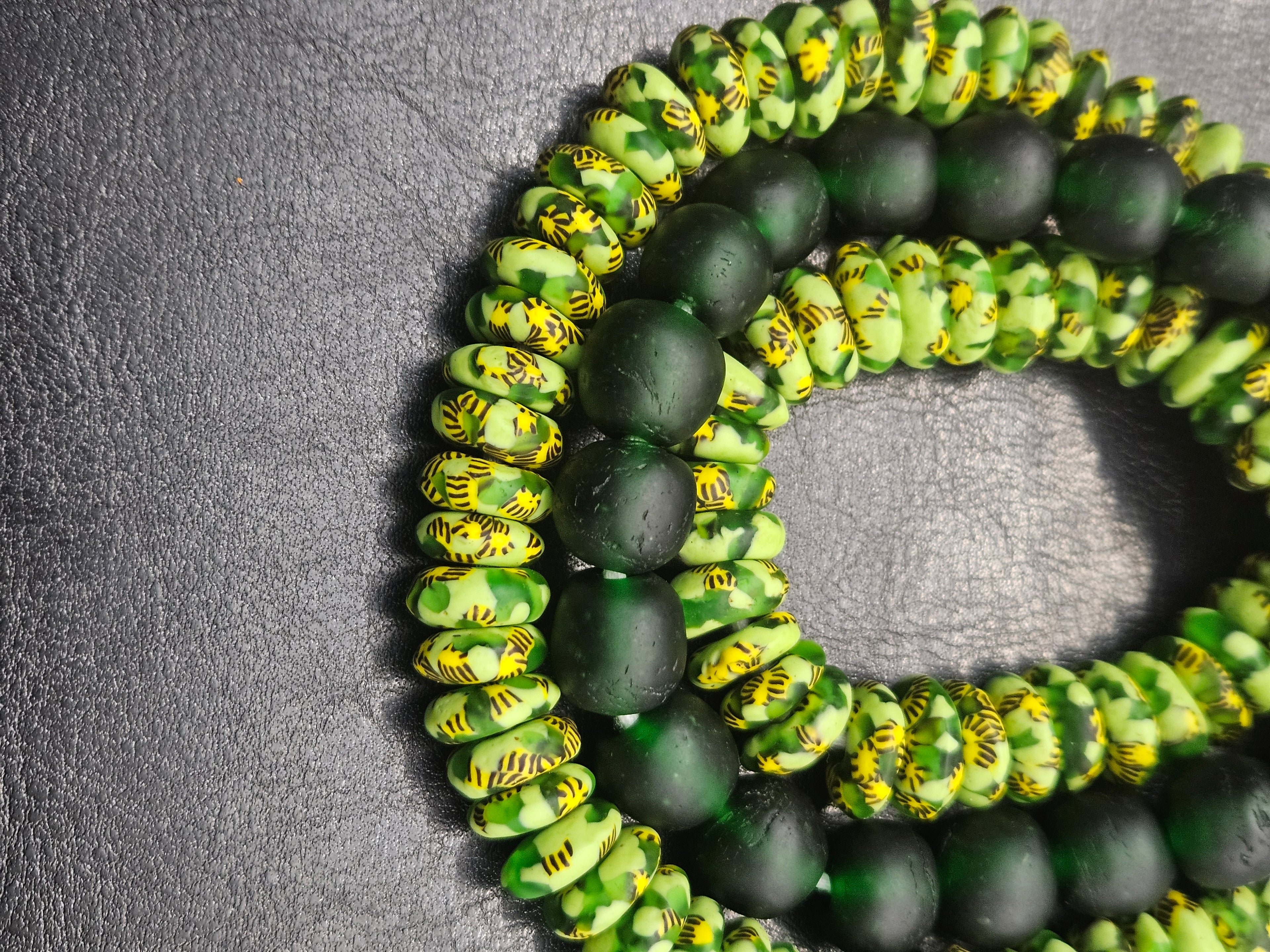 Lime Green Hand-Painted Krobo Rondelle Glass Beads & Emerald Green Pocket Glass Beads | Handmade in Ghana