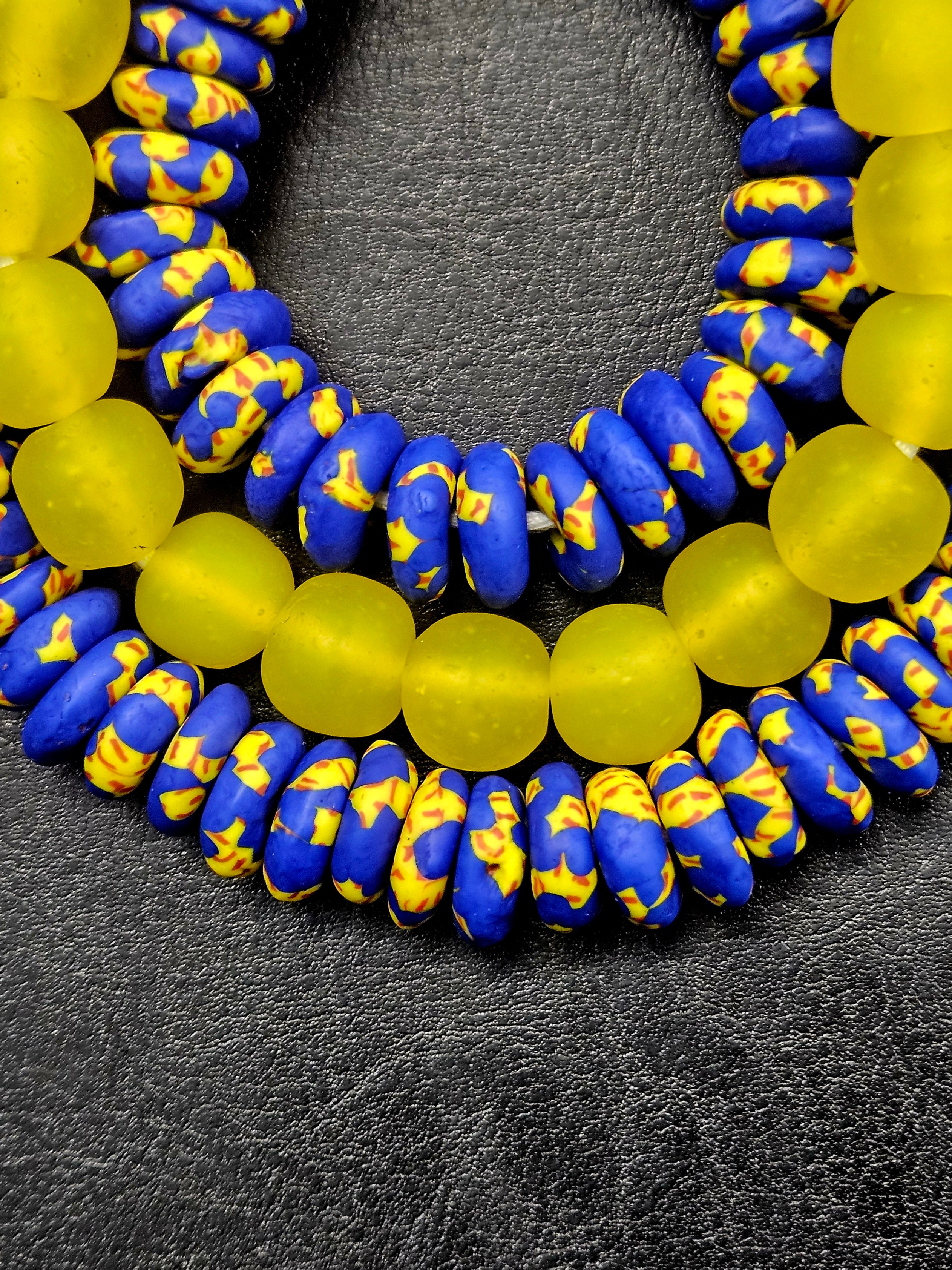 Royal Blue Hand-Painted Krobo Rondelle Glass Beads & Sunshine Yellow Pocket Glass Beads | Handmade in Ghana