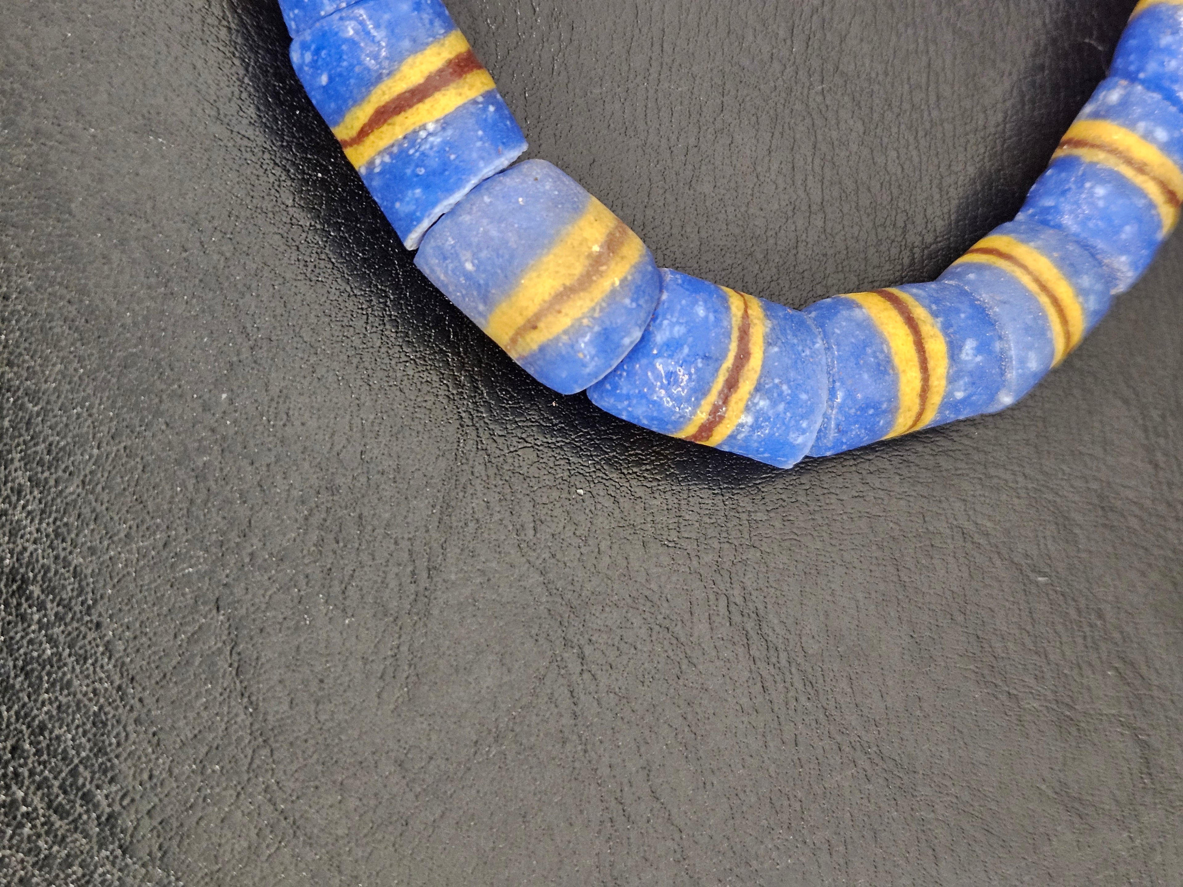 Blue Striped Krobo Kente Glass Beads | Handcrafted Powdered Glass Beads from Ghana | Approx. 17 Beads
